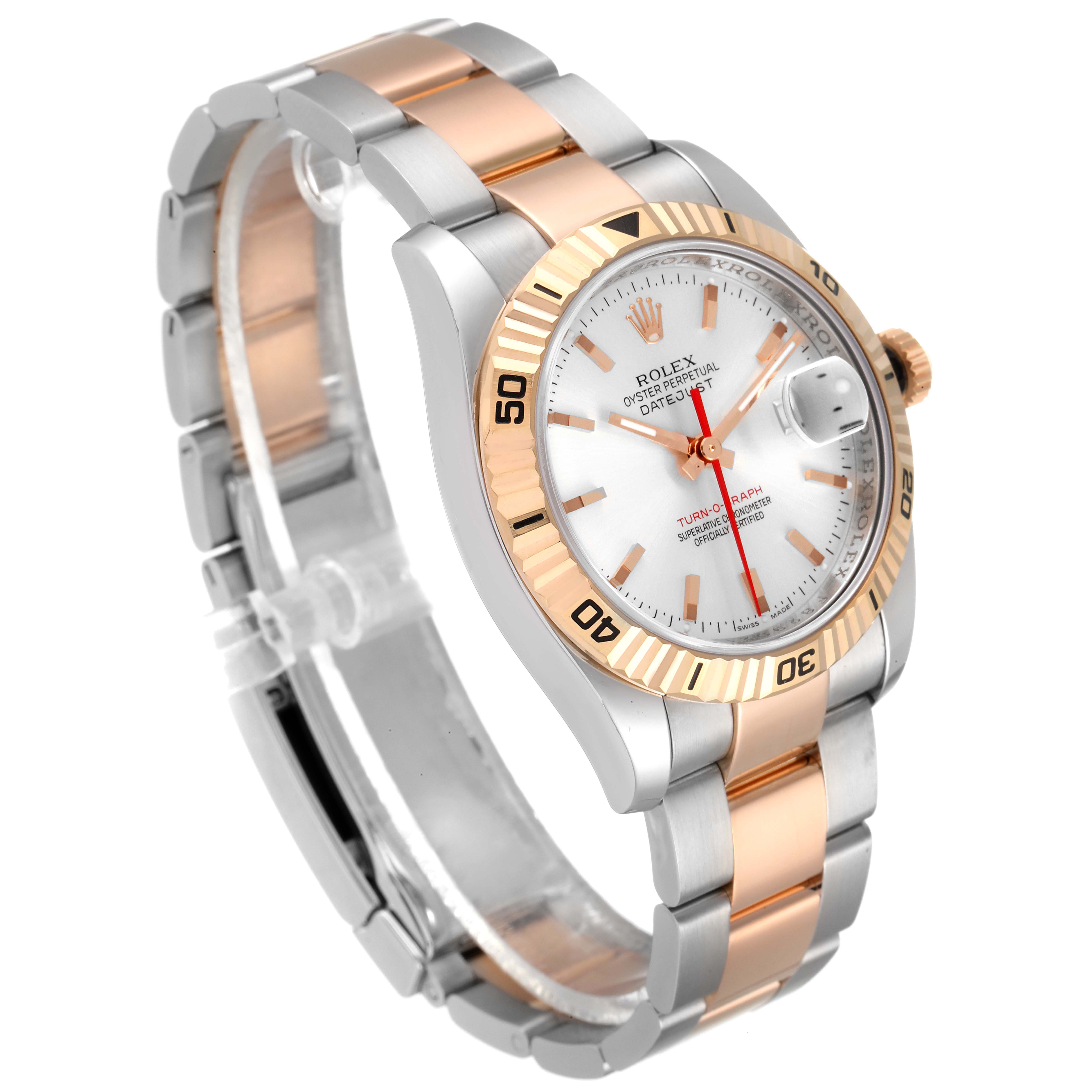 This image shows a angled view of the Rolex Turn-o-Graph 116261 Men's Steel and Gold (two tone) Silver Dial 116261 Men's Steel and Gold (two tone) Silver Dial watch, highlighting its dial, bezel, and bracelet.