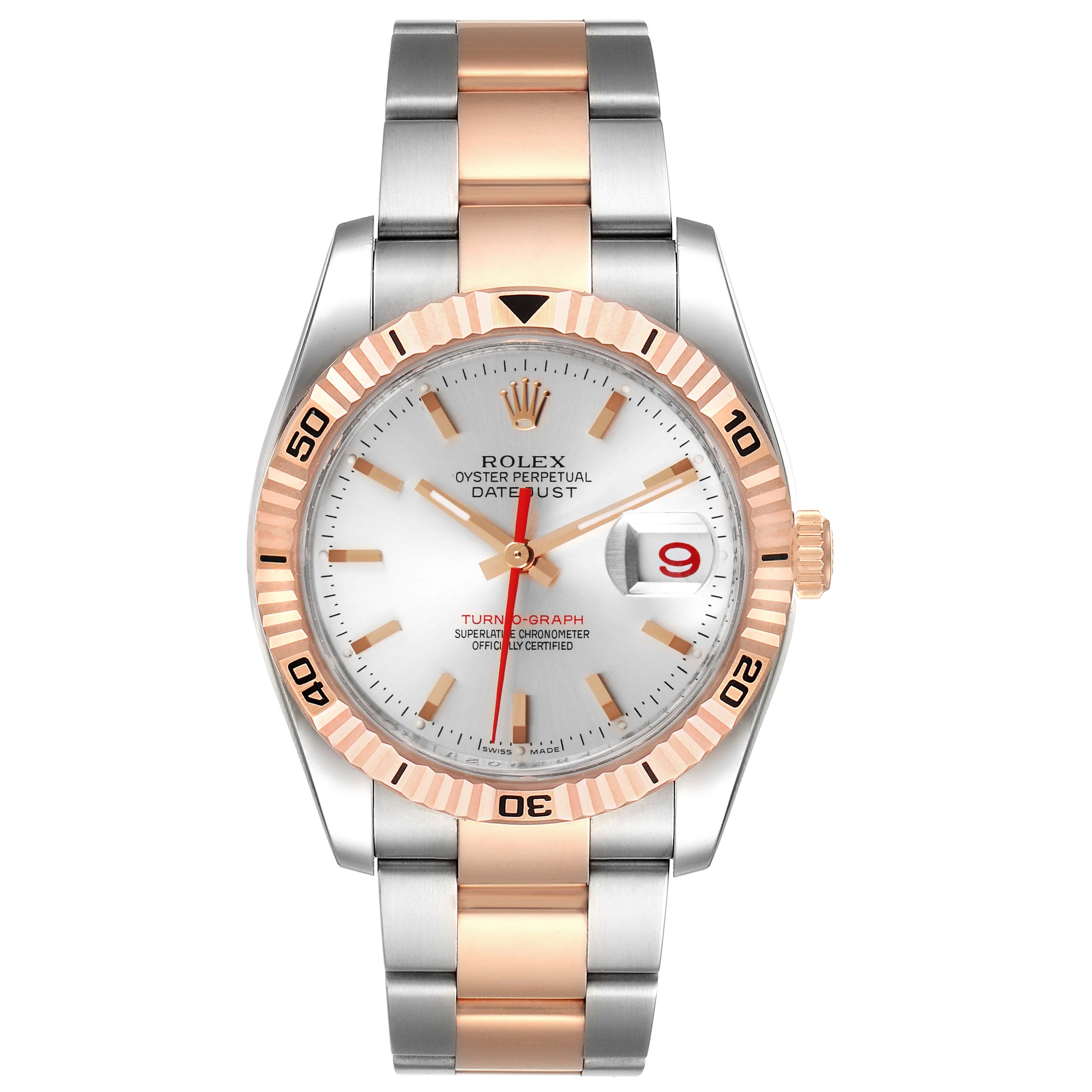 The image shows a Rolex Turn-o-Graph 116261 Men's Steel and Gold (two tone) Silver Dial 116261 Men's Steel and Gold (two tone) Silver Dial watch from a front angle, highlighting the face, bezel, and bracelet.