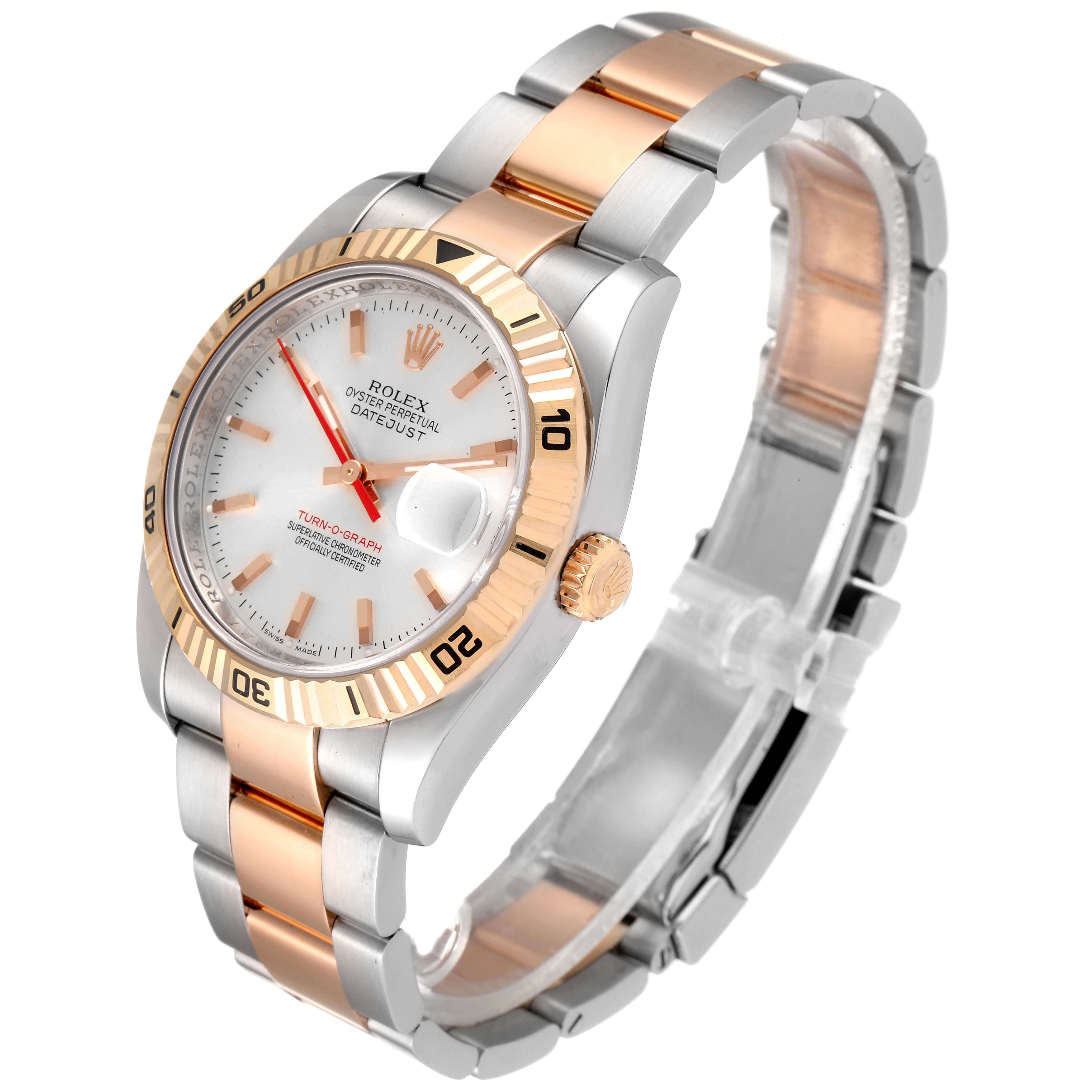 This image shows a Rolex Turn-o-Graph 116261 Men's Steel and Gold (two tone) Silver Dial 116261 Men's Steel and Gold (two tone) Silver Dial watch from an angled top-down view, highlighting its face, bezel, and bracelet.