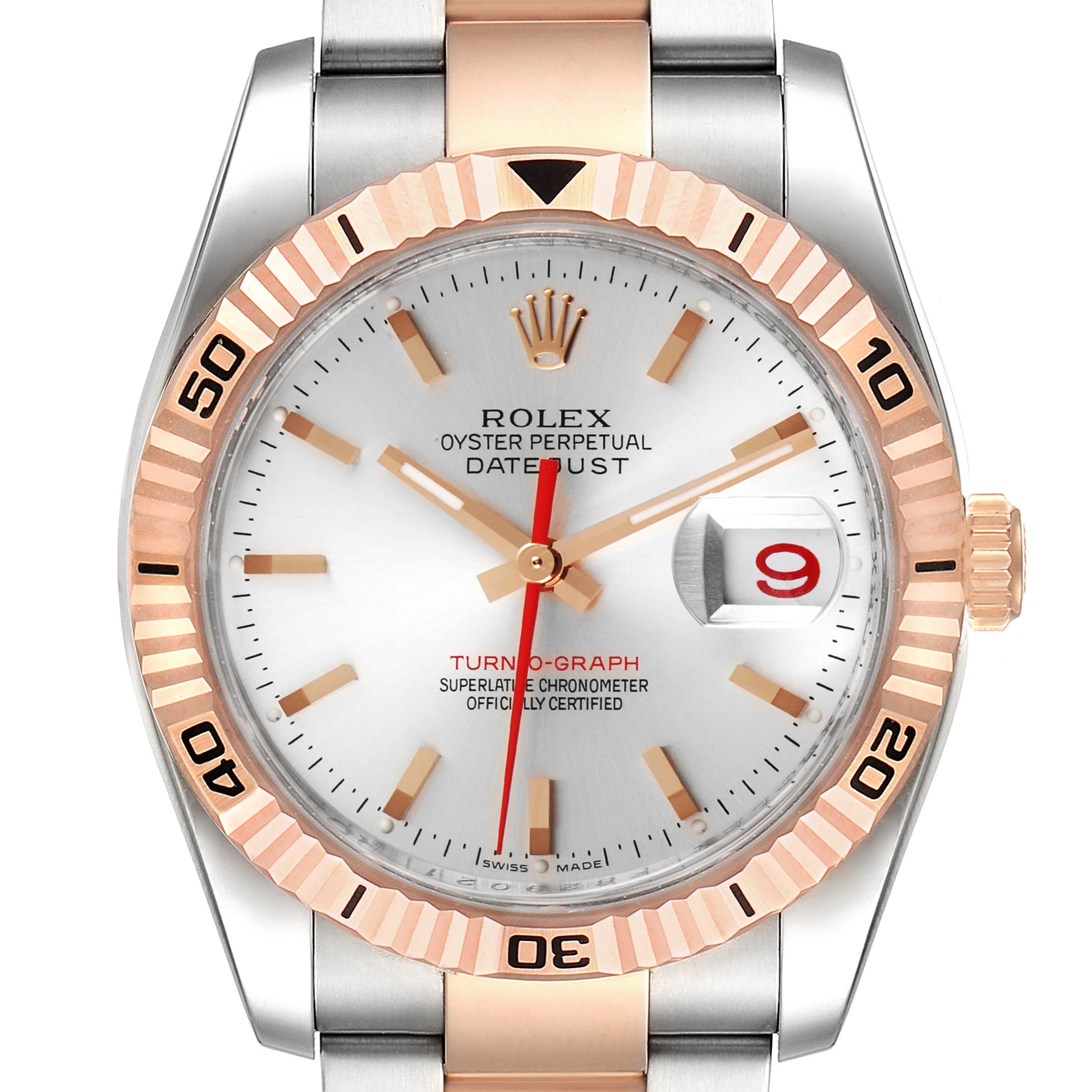 The image shows a front view of the Rolex Turn-o-Graph 116261 Men's Steel and Gold (two tone) Silver Dial 116261 Men's Steel and Gold (two tone) Silver Dial watch, highlighting its bezel, dial, and partial bracelet.