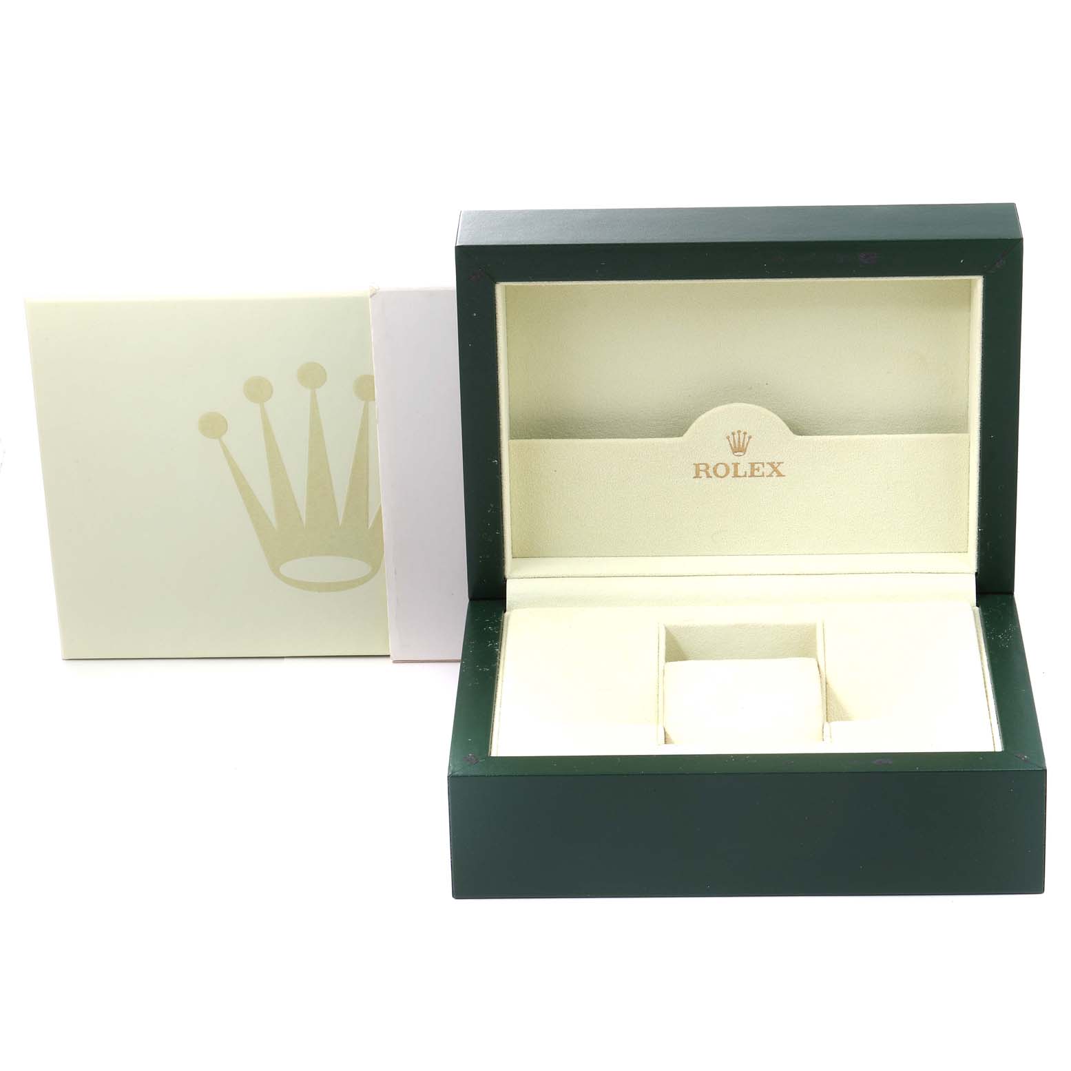 The image shows an open Rolex Turn-o-Graph 116261 Men's Steel and Gold (two tone) Silver Dial 116261 Men's Steel and Gold (two tone) Silver Dial watch box with a cream interior and a green exterior, alongside its outer packaging.