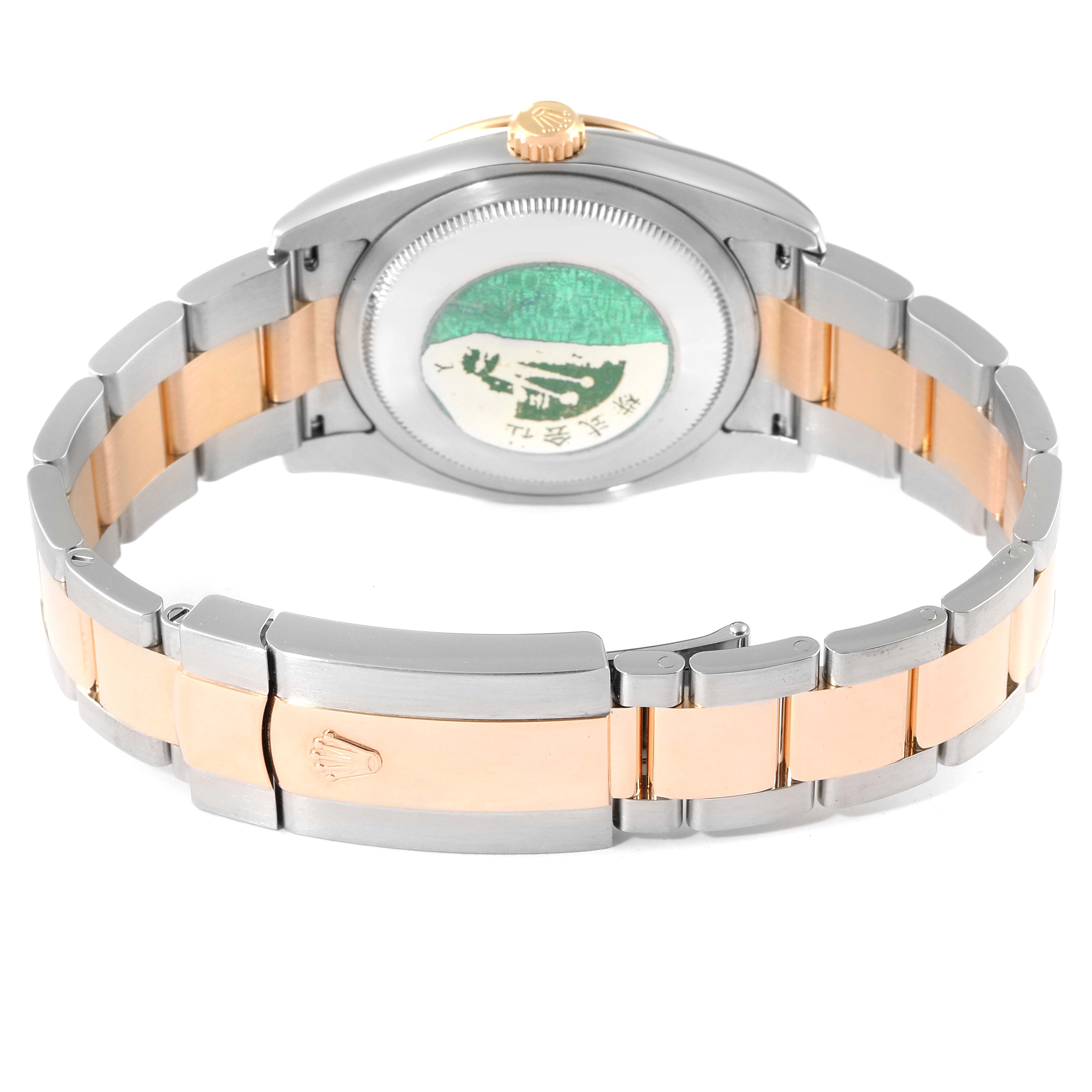 The image shows the back view of the Rolex Turn-o-Graph 116261 Men's Steel and Gold (two tone) Silver Dial 116261 Men's Steel and Gold (two tone) Silver Dial watch displaying its case back, bracelet, and clasp.