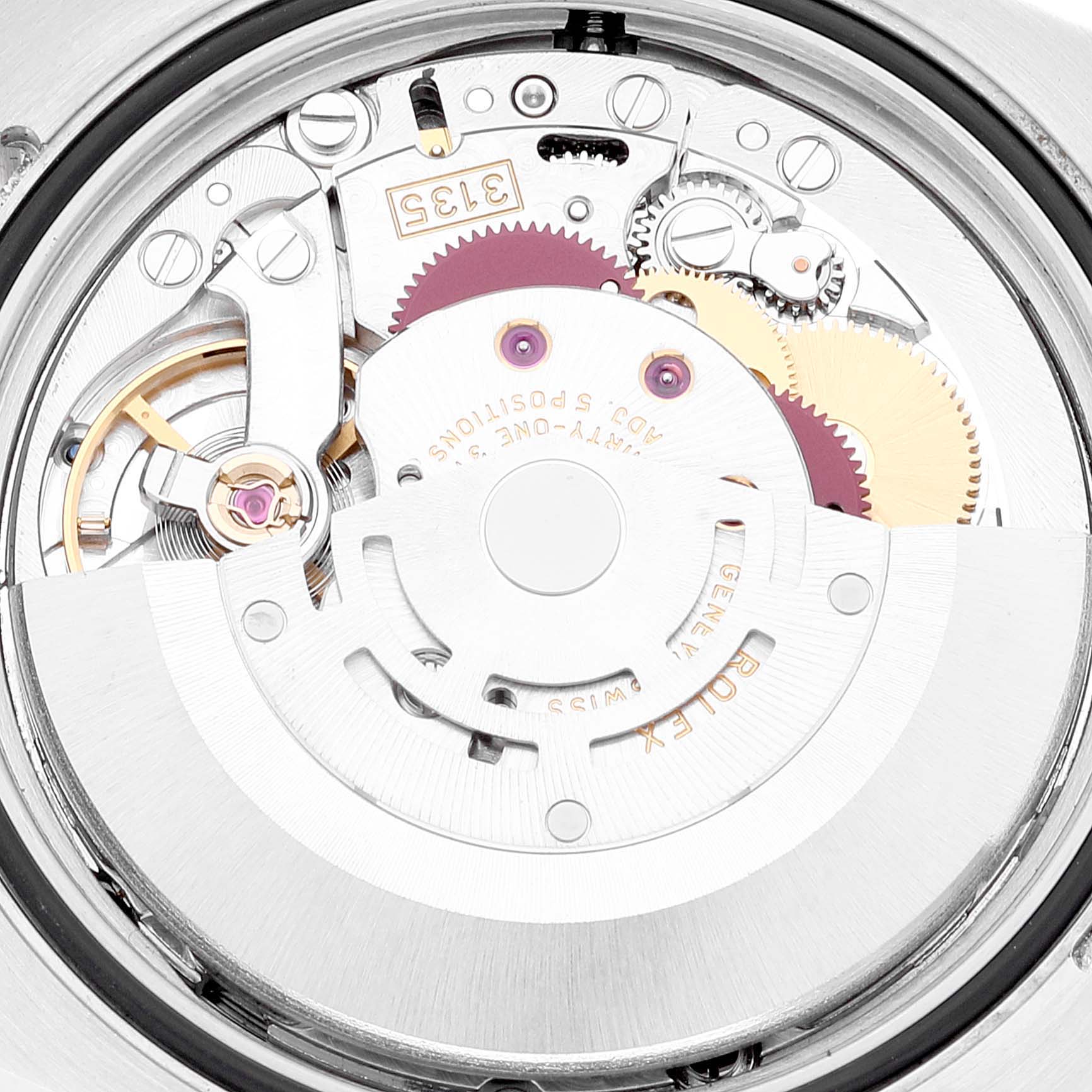 This image shows the intricate inner mechanics of the Rolex Turn-o-Graph 116261 Men's Steel and Gold (two tone) Silver Dial 116261 Men's Steel and Gold (two tone) Silver Dial watch from an internal rear view angle.