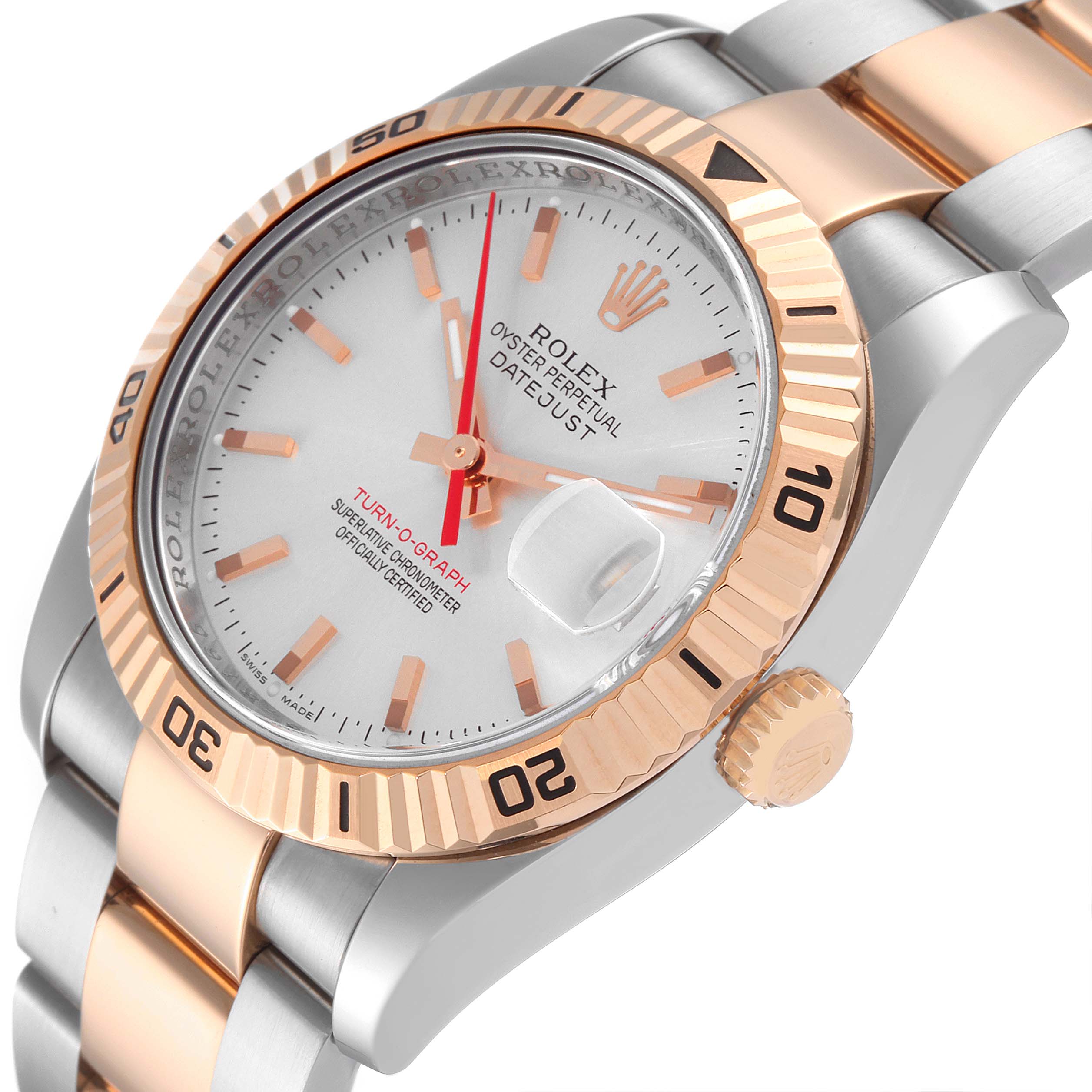 The image shows a diagonal angle view of a Rolex Turn-o-Graph 116261 Men's Steel and Gold (two tone) Silver Dial 116261 Men's Steel and Gold (two tone) Silver Dial watch, highlighting the face, bezel, and part of the bracelet.