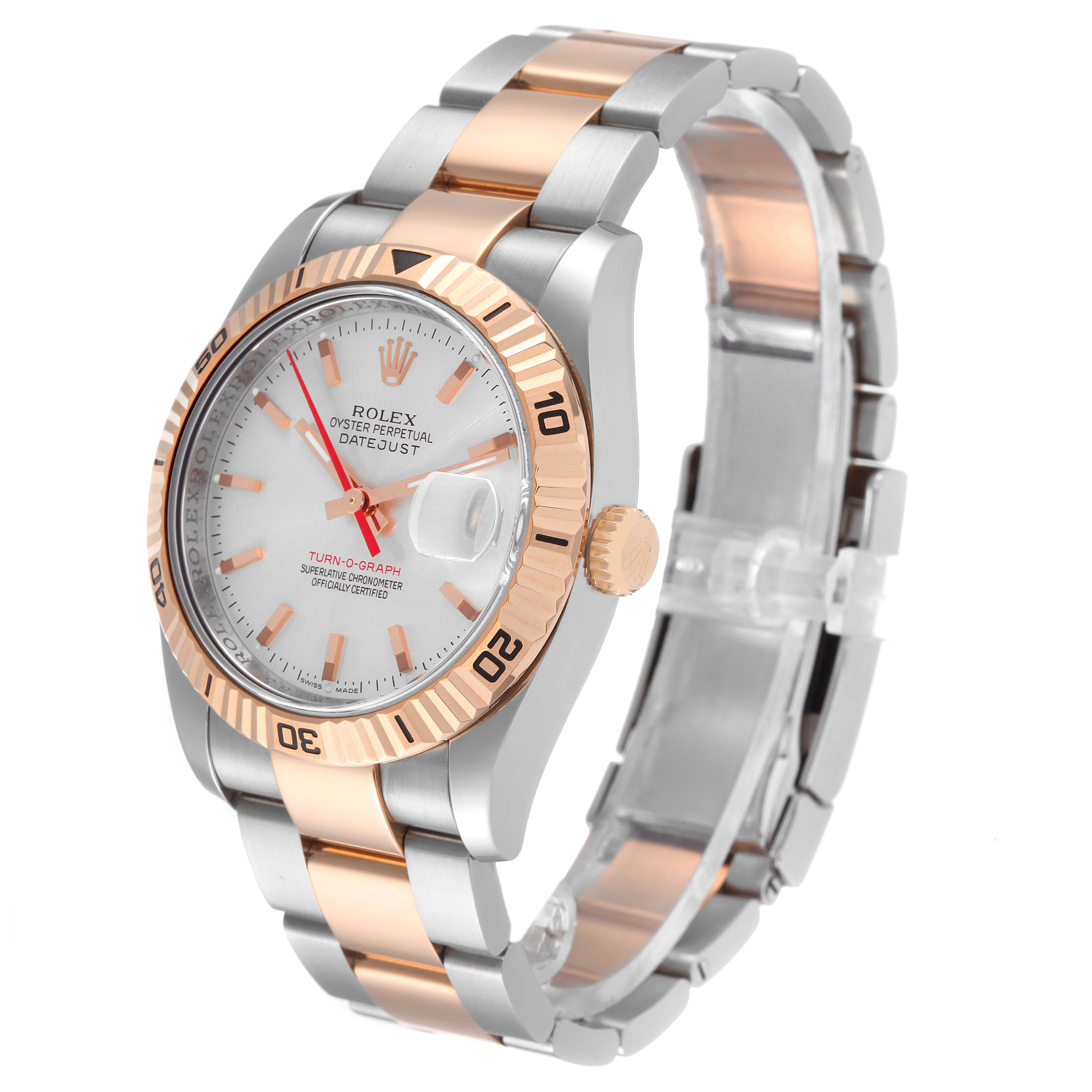The image shows a side angle view of a Rolex Turn-o-Graph 116261 Men's Steel and Gold (two tone) Silver Dial 116261 Men's Steel and Gold (two tone) Silver Dial watch, highlighting the watch face, bezel, and bracelet.