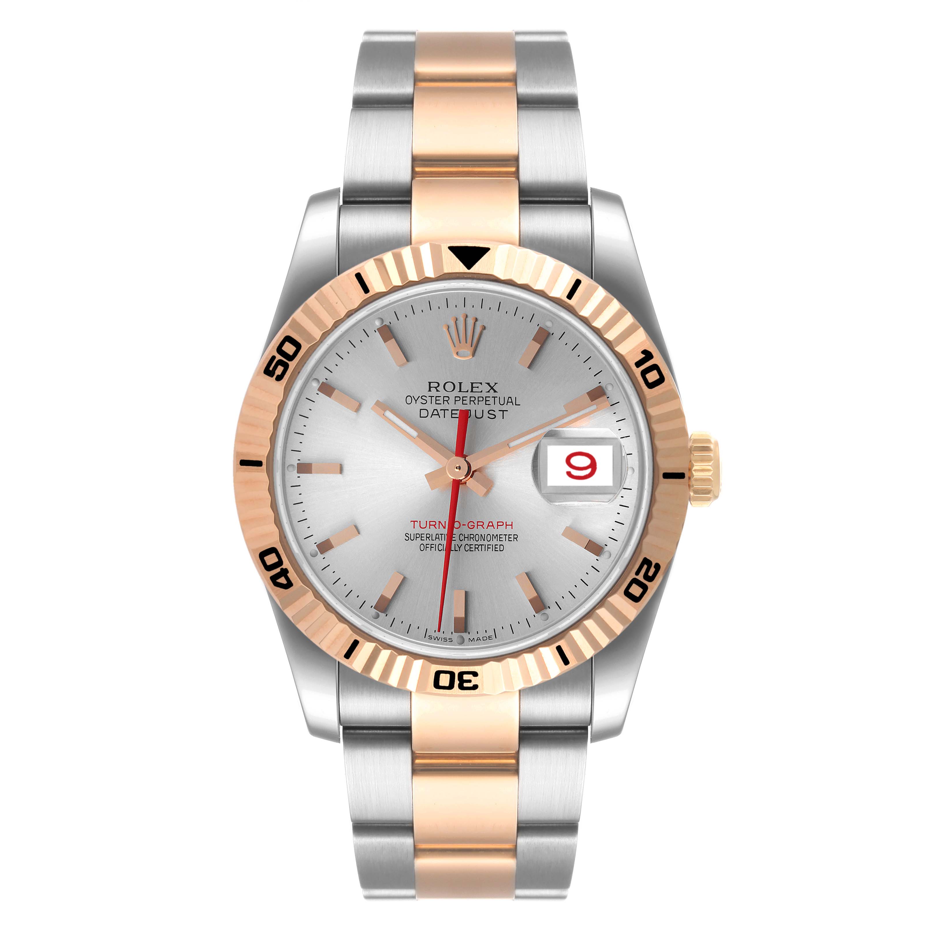 This image shows a front view of a Rolex Turn-o-Graph 116261 Men's Steel and Gold (two tone) Silver Dial 116261 Men's Steel and Gold (two tone) Silver Dial watch, displaying its bezel, dial, hands, and bracelet.