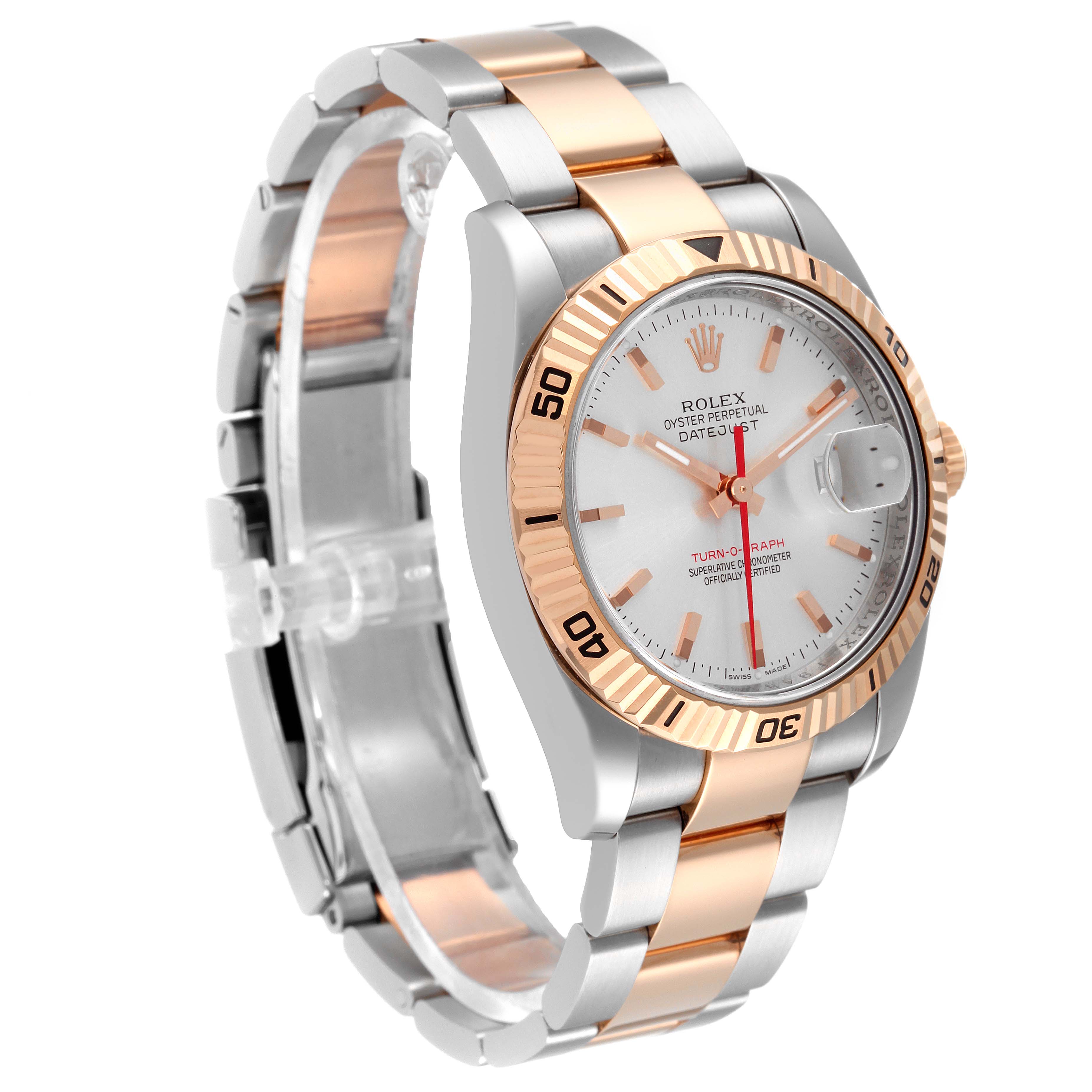 The image shows a Rolex Turn-o-Graph 116261 Men's Steel and Gold (two tone) Silver Dial 116261 Men's Steel and Gold (two tone) Silver Dial watch angled to display the face, bezel, and part of the bracelet.