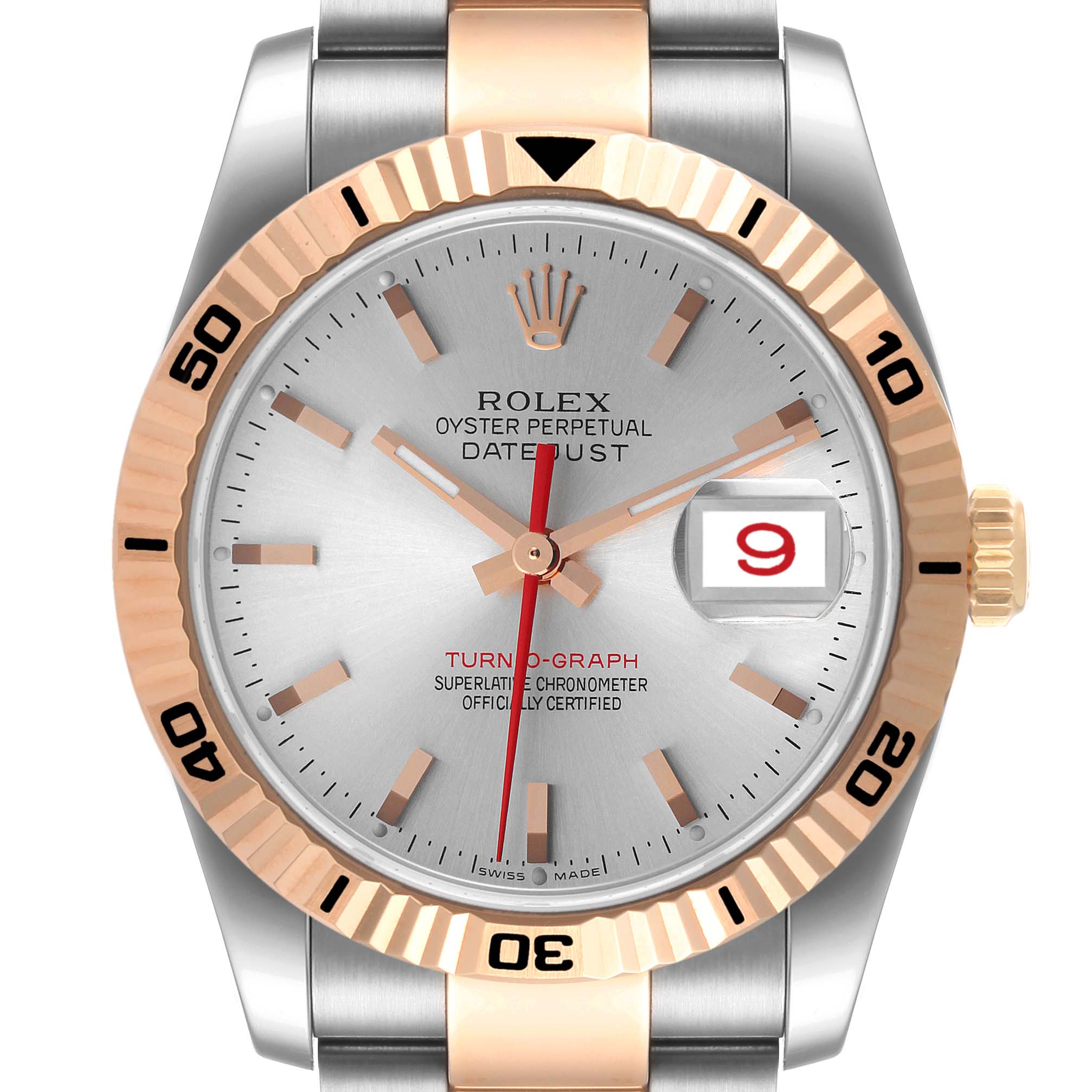 This is a front view of the Rolex Turn-o-Graph 116261 Men's Steel and Gold (two tone) Silver Dial 116261 Men's Steel and Gold (two tone) Silver Dial watch, showcasing its face, bezel, and part of the bracelet.