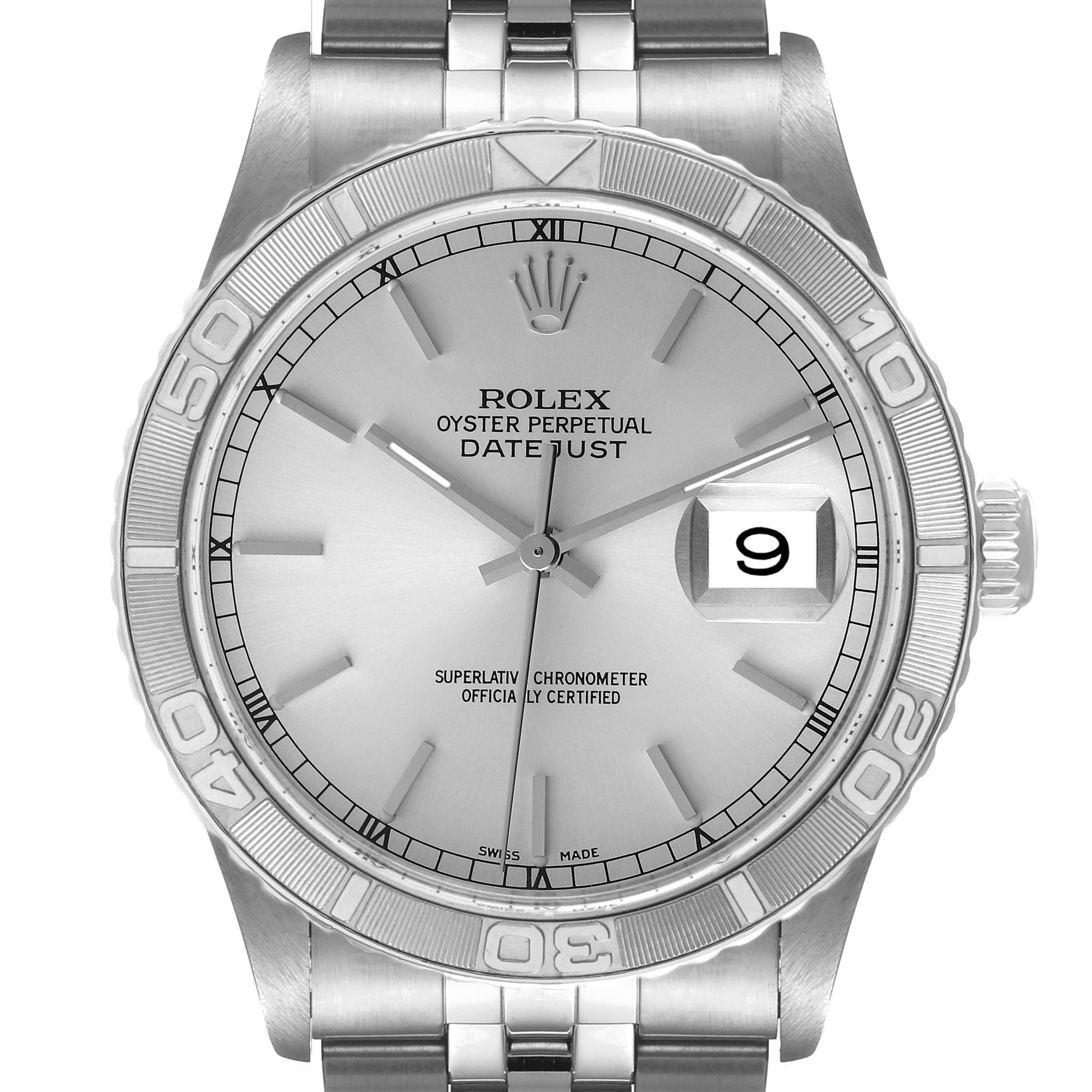 The Rolex Turn-o-Graph 16264 Men's Stainless Steel Silver Dial 16264 Men's Stainless Steel Silver Dial watch is shown from the front, detailing its bezel, dial, hands, date window, and part of the bracelet.