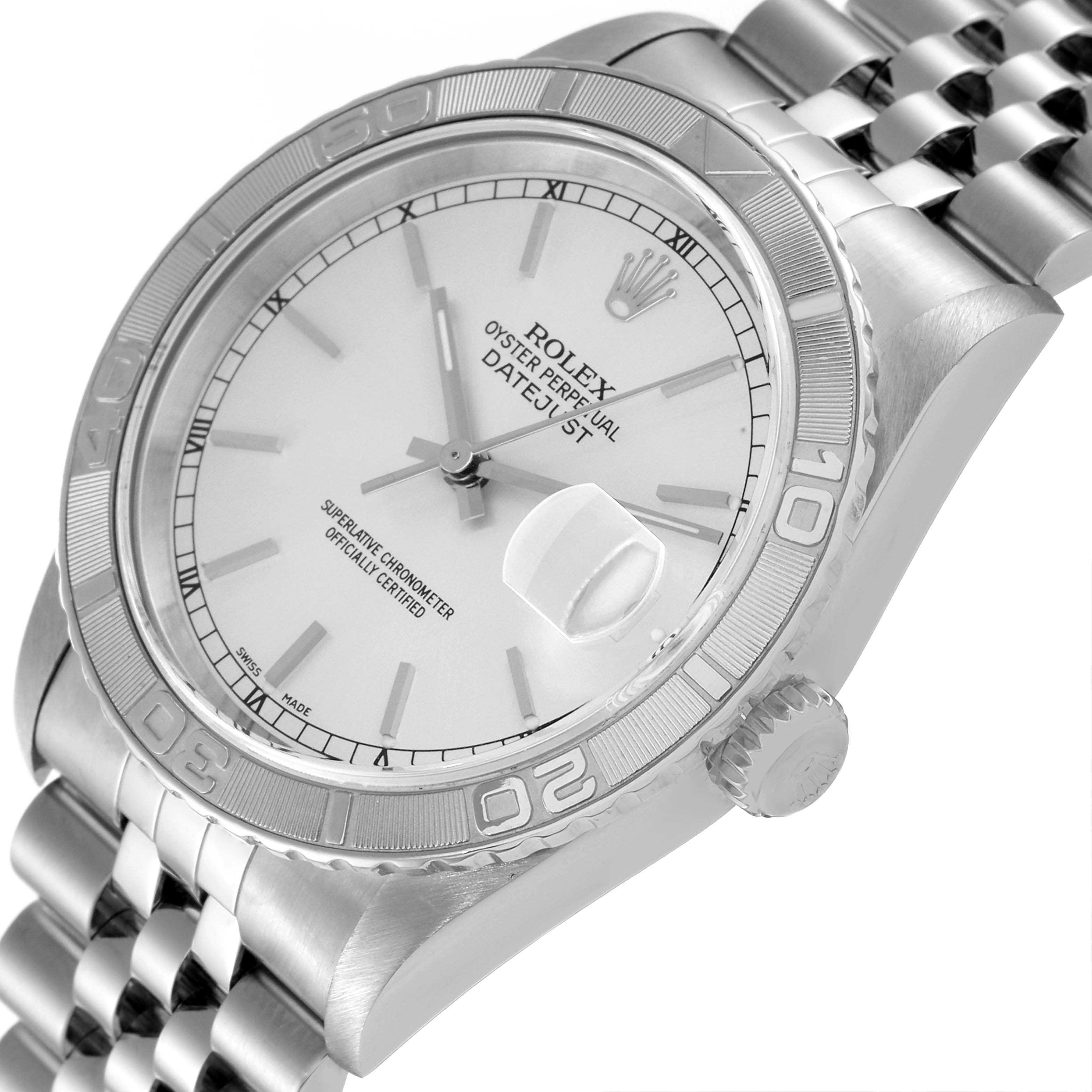 This image shows a close-up, angled view of the Rolex Turn-o-Graph 16264 Men's Stainless Steel Silver Dial 16264 Men's Stainless Steel Silver Dial watch, emphasizing the bezel, dial, and part of the bracelet.