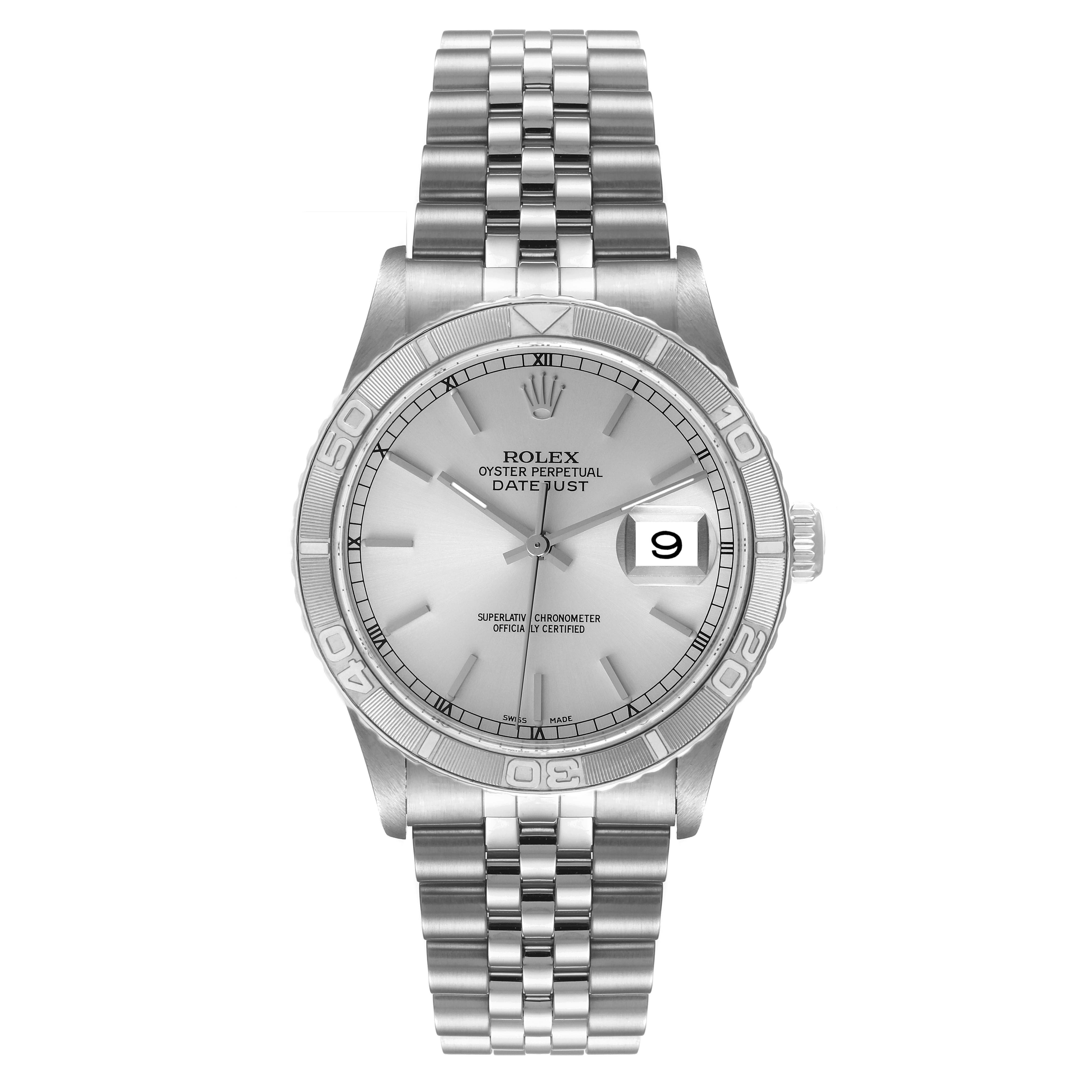 This Rolex Turn-o-Graph 16264 Men's Stainless Steel Silver Dial 16264 Men's Stainless Steel Silver Dial watch is shown from a front view, displaying its dial, bezel, and bracelet.