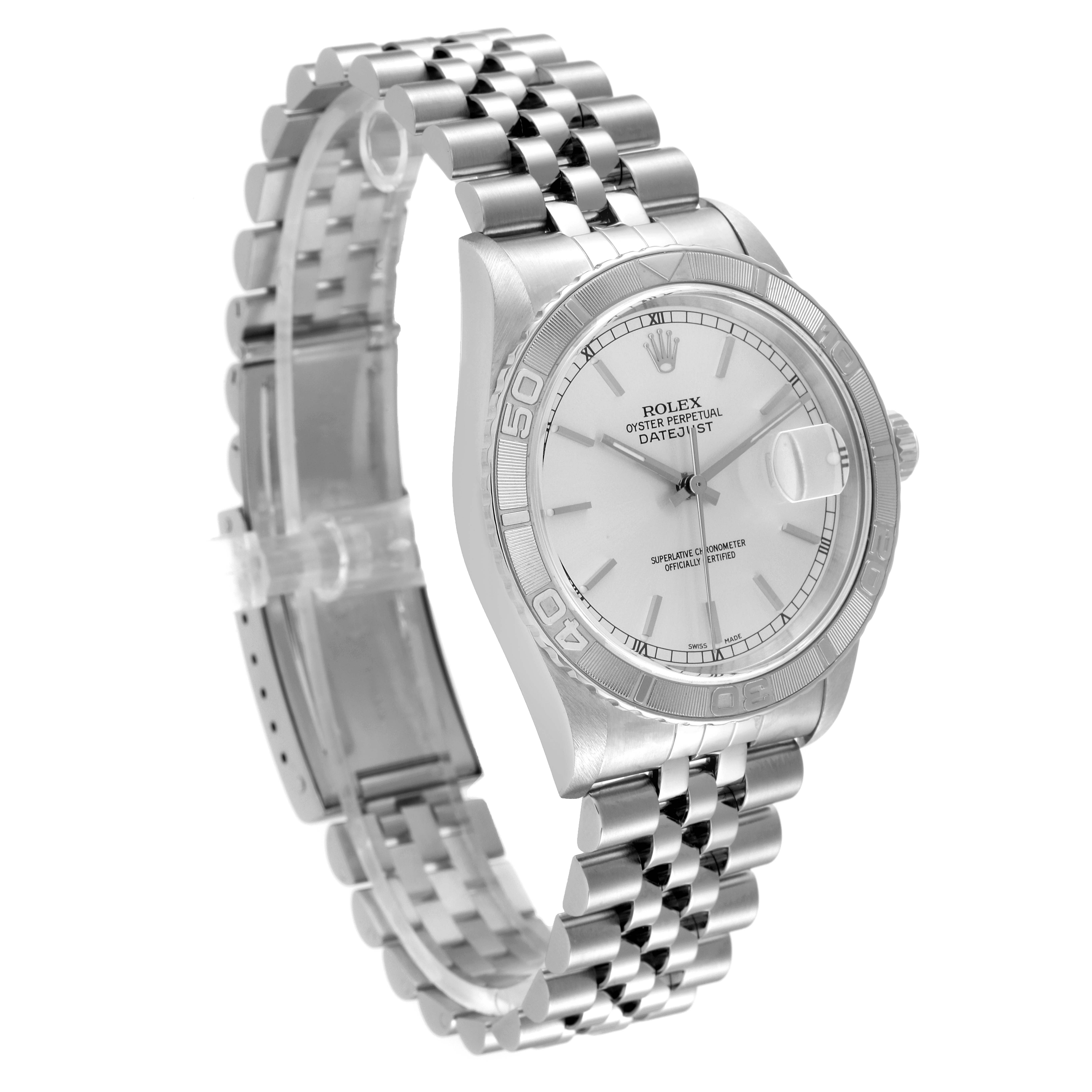 The image shows a side angle of the Rolex Turn-o-Graph 16264 Men's Stainless Steel Silver Dial 16264 Men's Stainless Steel Silver Dial watch, featuring its dial, bezel, and bracelet.