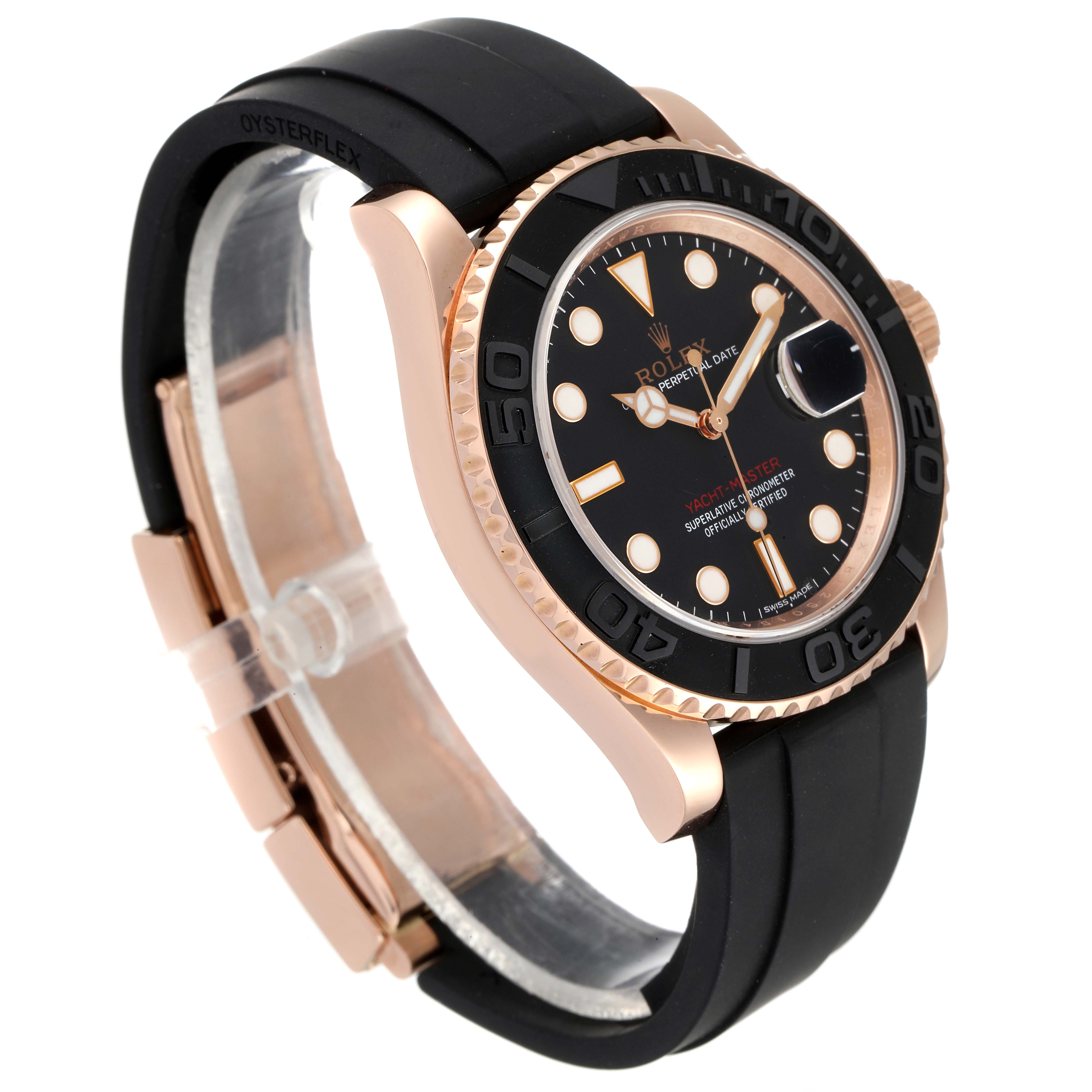 This image shows a Rolex Yacht-Master 116655 Men's Rose Gold Black Dial 116655 Men's Rose Gold Black Dial watch at a three-quarter angle, highlighting its face, bezel, case, and strap.