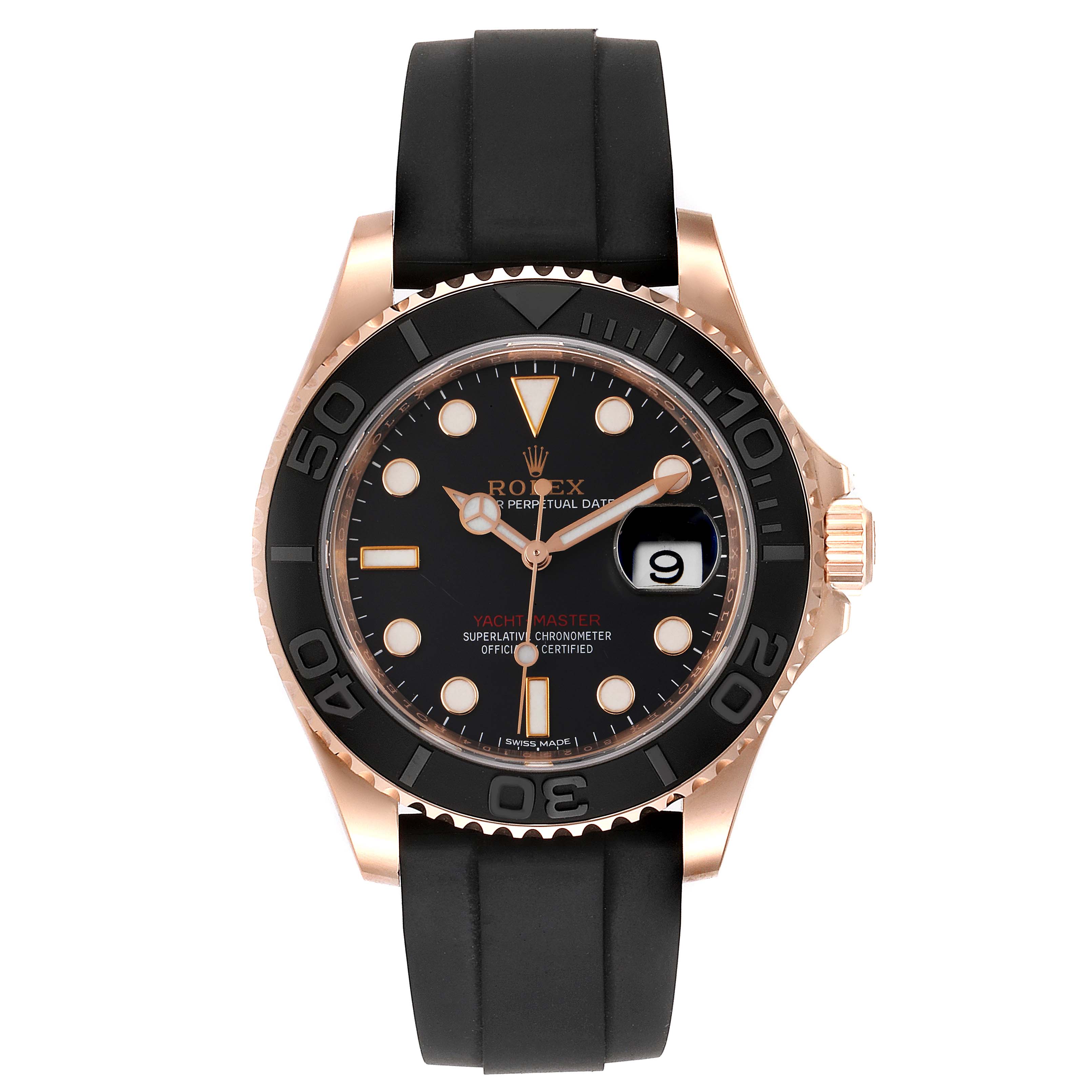 This Rolex Yacht-Master 116655 Men's Rose Gold Black Dial 116655 Men's Rose Gold Black Dial watch is shown from a front angle, highlighting the black dial, rose gold case, black bezel, and black strap.