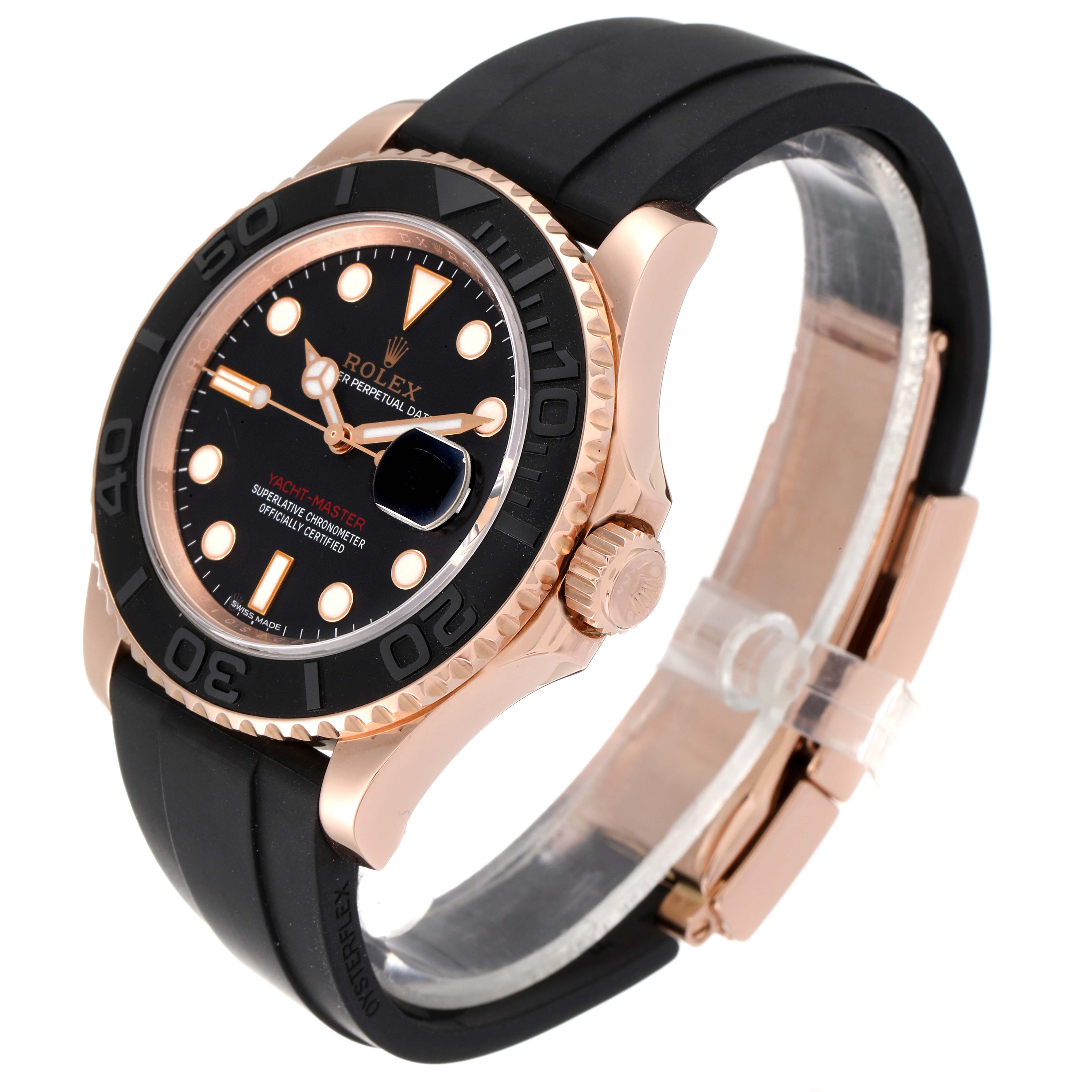 This Rolex Yacht-Master 116655 Men's Rose Gold Black Dial 116655 Men's Rose Gold Black Dial watch is shown at an angle displaying the face, bezel, crown, and black rubber strap.