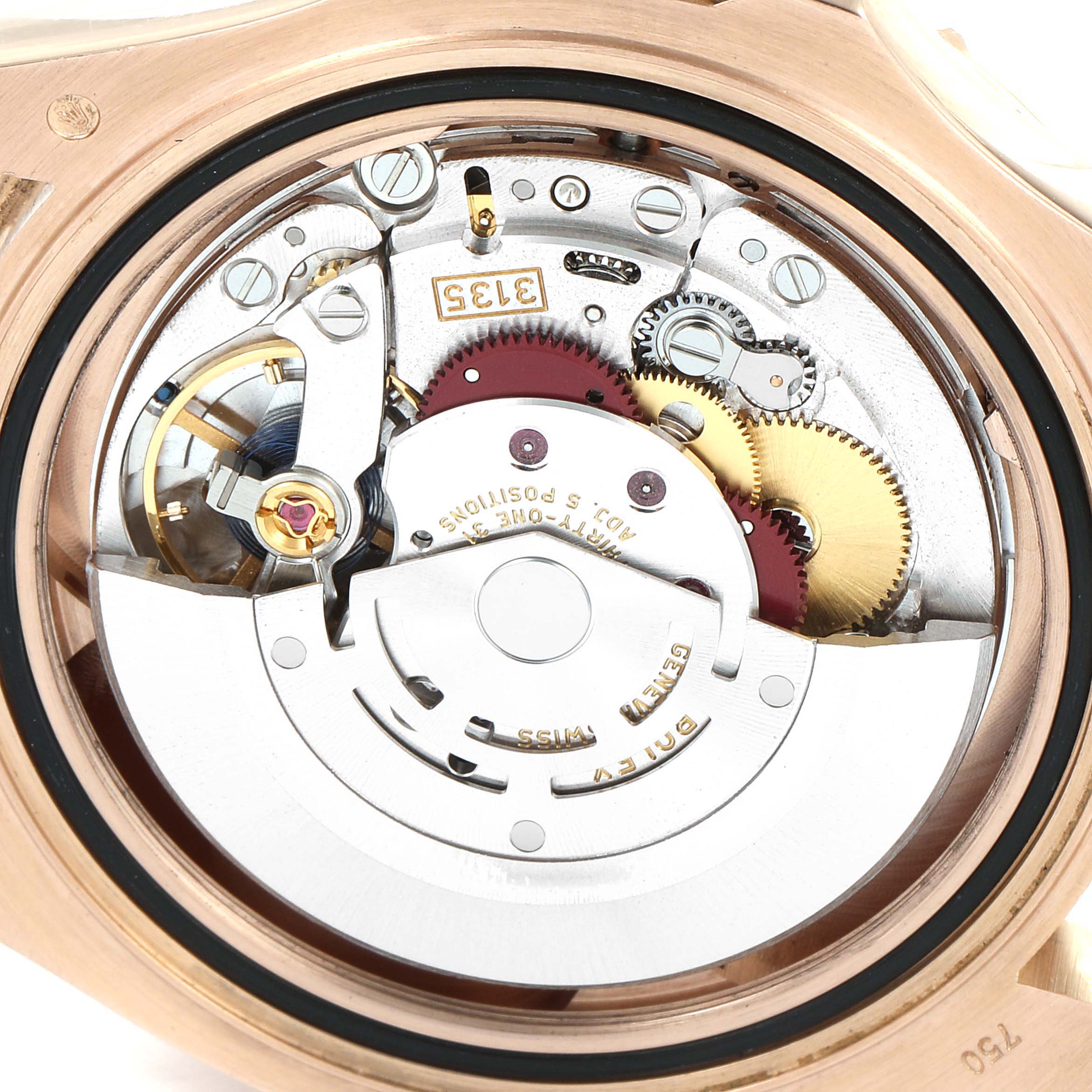 The image shows a close-up of the movement and internal components of a Rolex Yacht-Master 116655 Men's Rose Gold Black Dial 116655 Men's Rose Gold Black Dial watch.