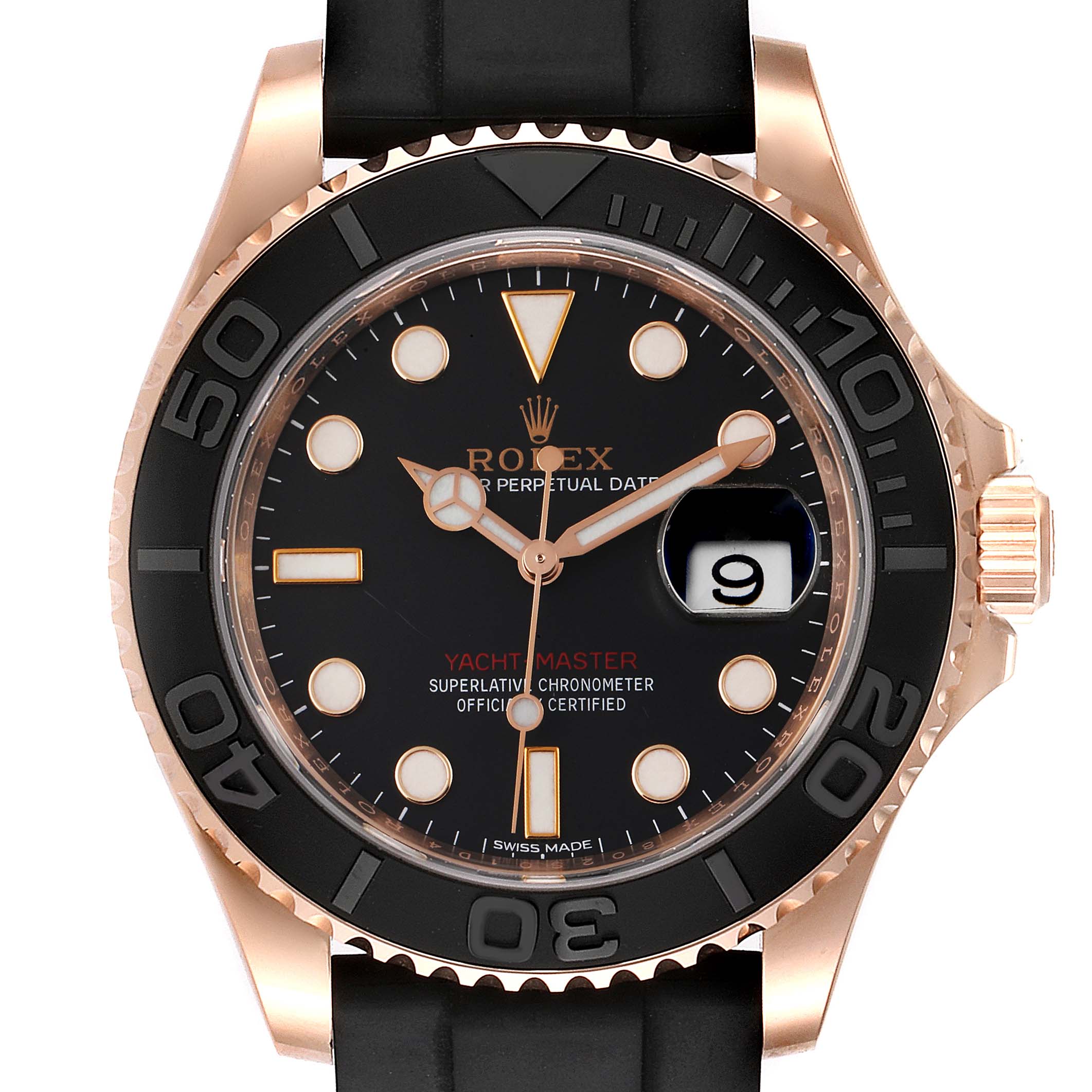 This is a Rolex Yacht-Master 116655 Men's Rose Gold Black Dial 116655 Men's Rose Gold Black Dial watch shown from a front angle, displaying the dial, bezel, and part of the strap.