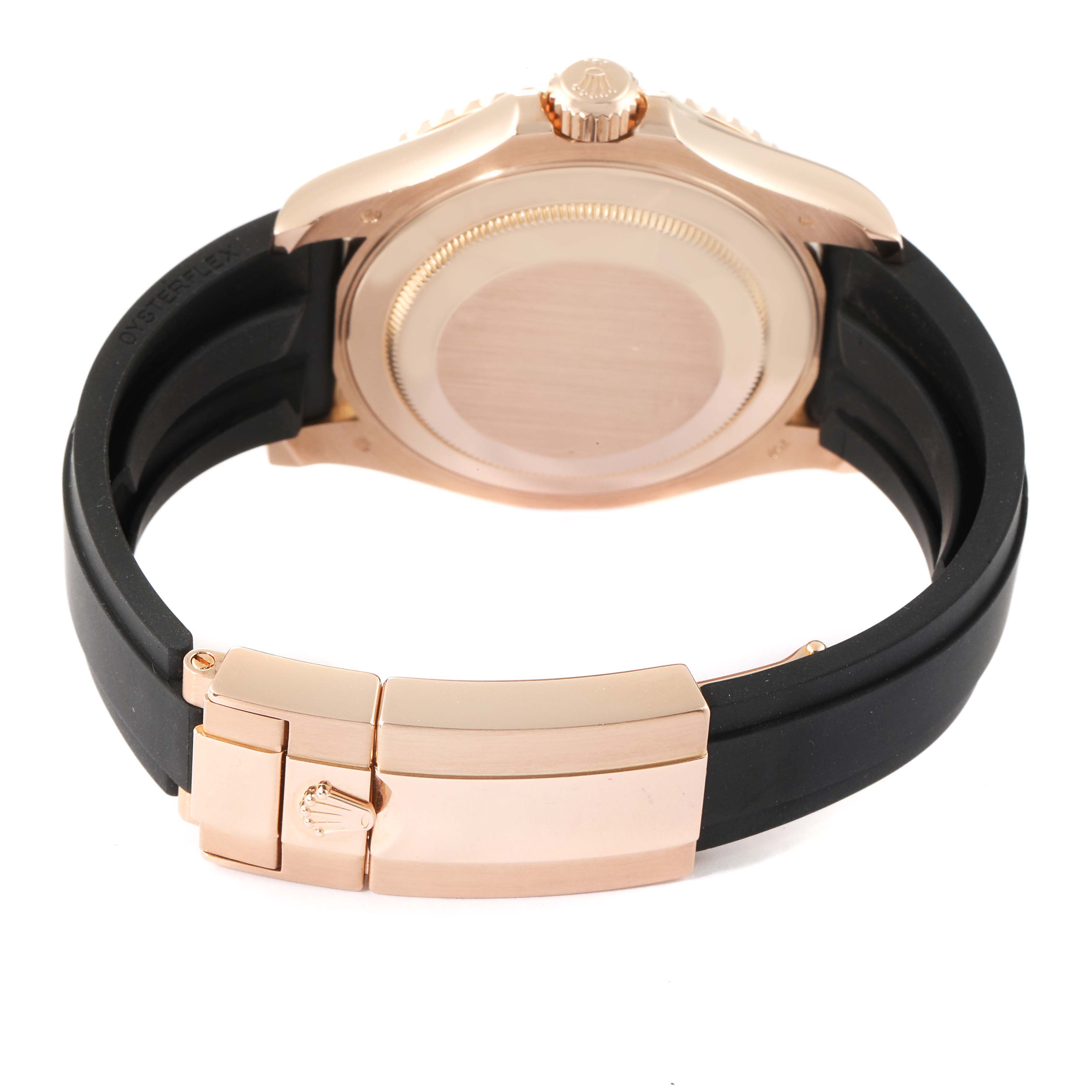 This image shows the back view of a Rolex Yacht-Master 116655 Men's Rose Gold Black Dial 116655 Men's Rose Gold Black Dial watch, highlighting the case back, crown, and clasp with a black strap.