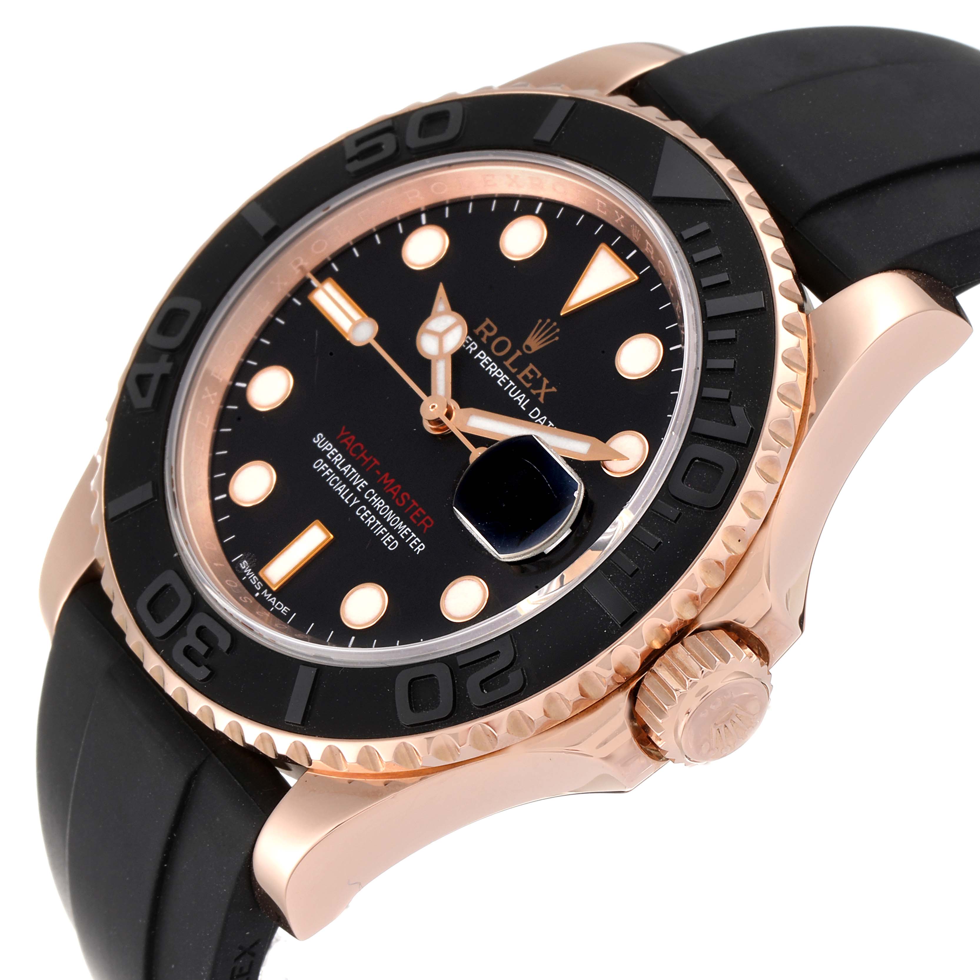 The Rolex Yacht-Master 116655 Men's Rose Gold Black Dial 116655 Men's Rose Gold Black Dial watch is shown at a slight angle, highlighting its bezel, crown, and rubber strap.