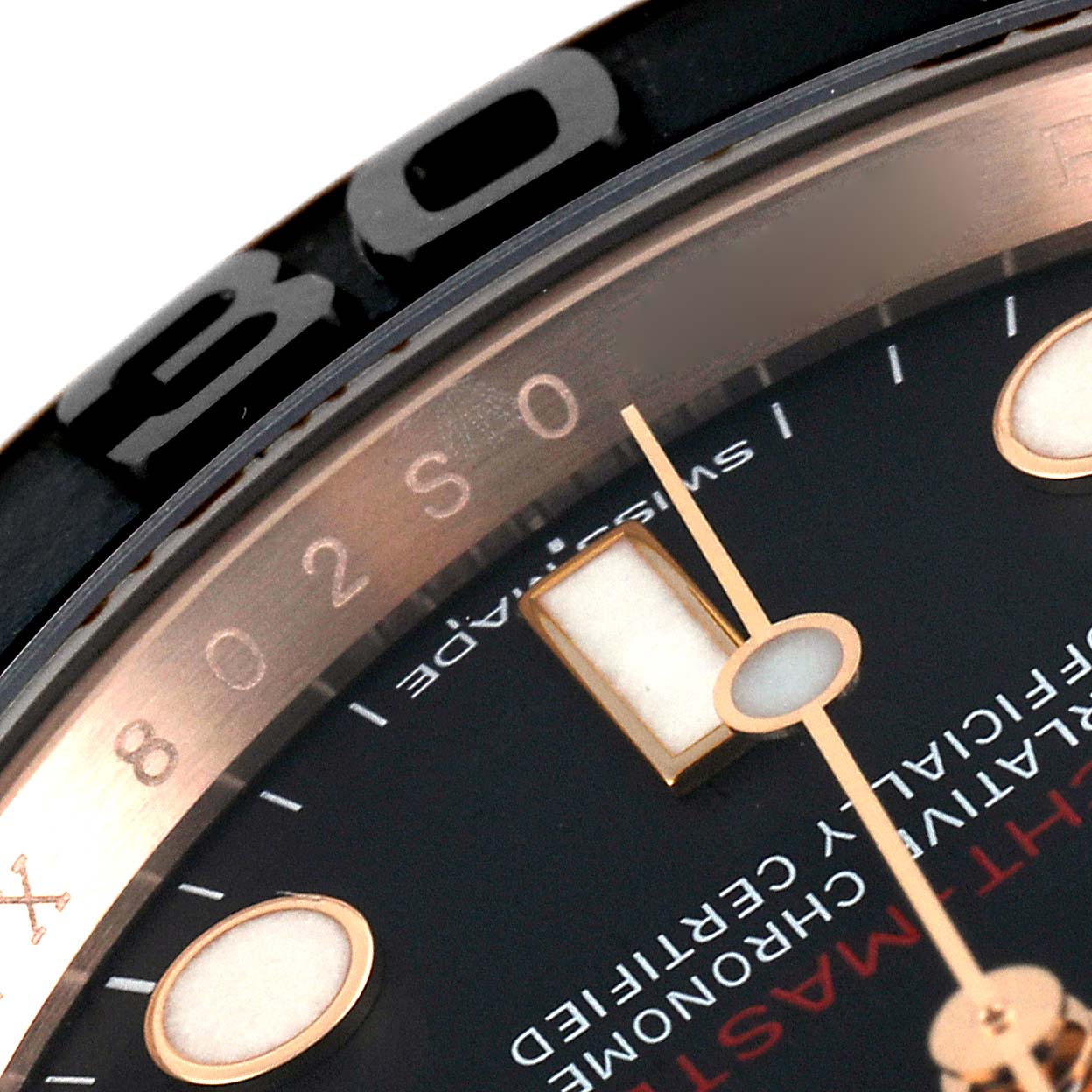 This image shows a close-up angle of the dial and bezel of a Rolex Yacht-Master 116655 Men's Rose Gold Black Dial 116655 Men's Rose Gold Black Dial watch.