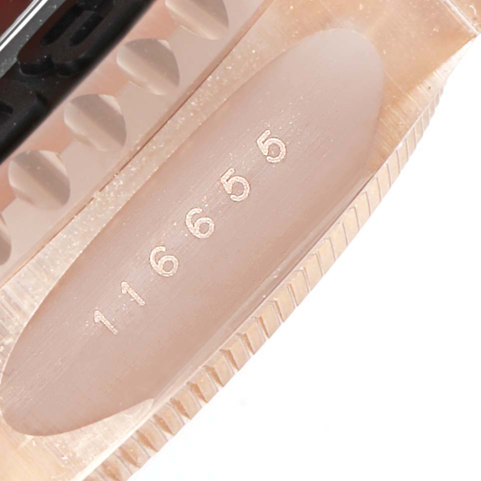 This close-up image displays the model number "116655" on the side of the Rolex Yacht-Master 116655 Men's Rose Gold Black Dial 116655 Men's Rose Gold Black Dial watch case.