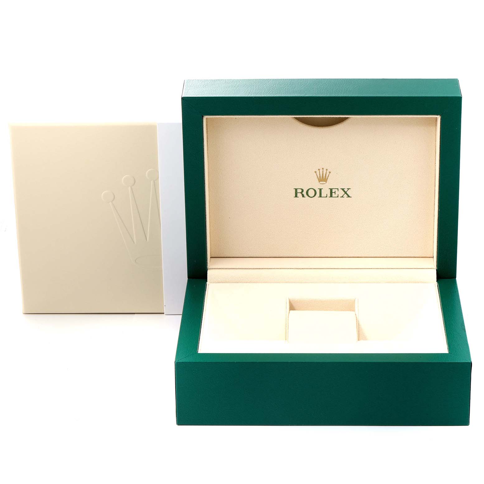 This image shows an open Rolex Yacht-Master 116655 Men's Rose Gold Black Dial 116655 Men's Rose Gold Black Dial watch box from a front angle, revealing the inner compartment and the packaging.