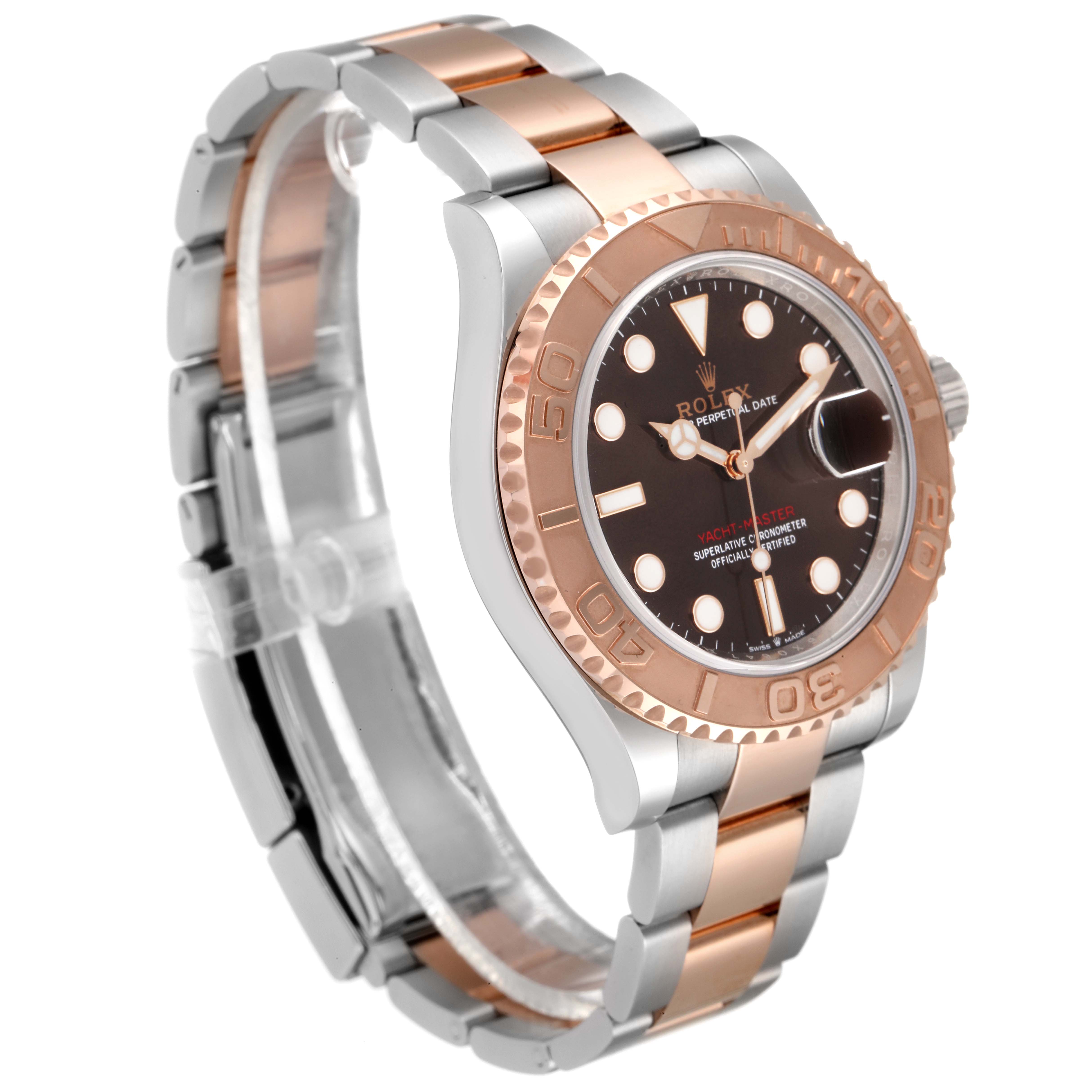 This image shows a side angle view of the Rolex Yacht-Master 126621 Men's Steel and Gold (two tone) Brown Dial 126621 Men's Steel and Gold (two tone) Brown Dial, highlighting the dial, bezel, and bracelet.