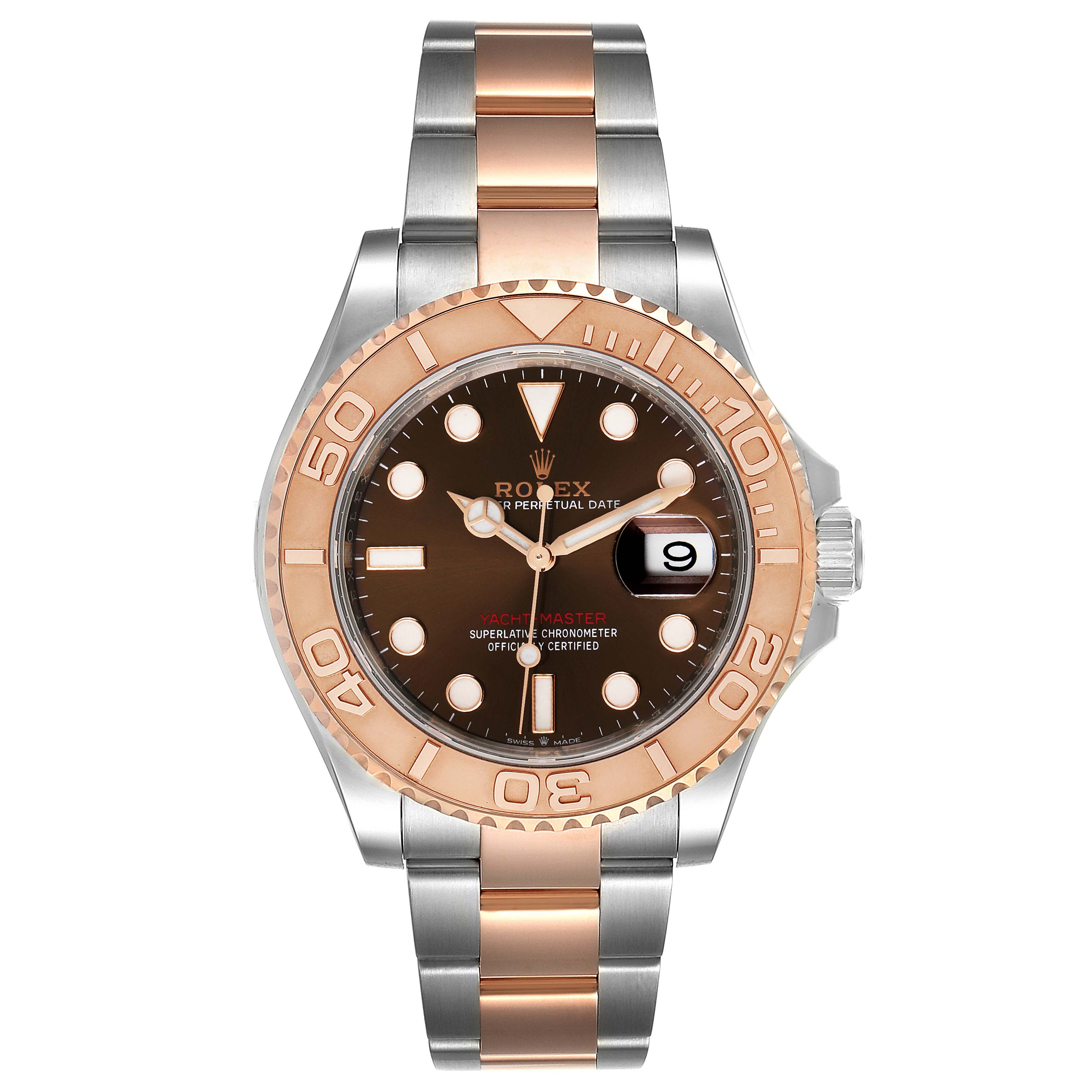 This image shows the front view of a Rolex Yacht-Master 126621 Men's Steel and Gold (two tone) Brown Dial 126621 Men's Steel and Gold (two tone) Brown Dial watch, highlighting the dial, bezel, case, and bracelet.