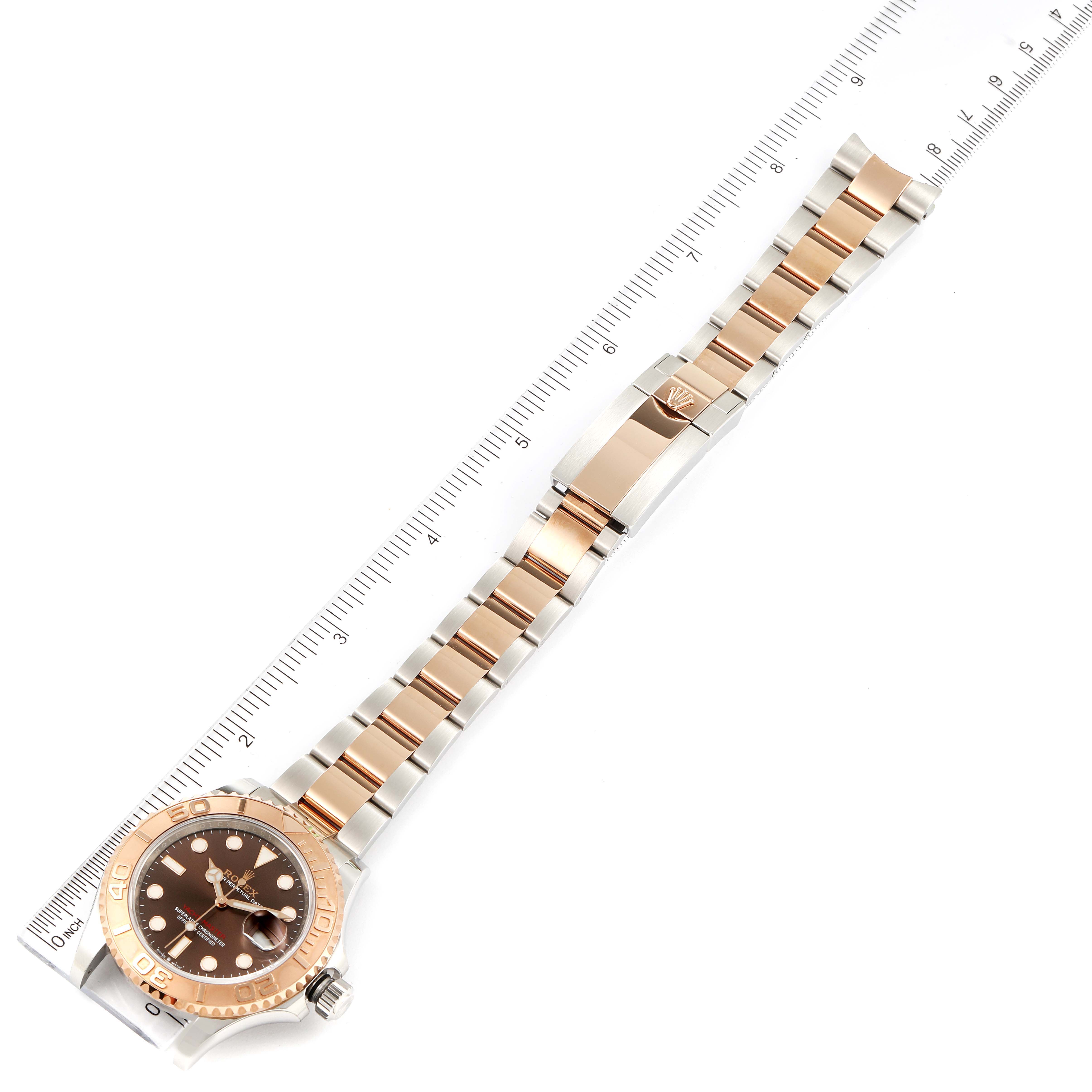 The Rolex Yacht-Master 126621 Men's Steel and Gold (two tone) Brown Dial 126621 Men's Steel and Gold (two tone) Brown Dial watch is photographed from above, displaying its full bracelet, clasp, and dial.