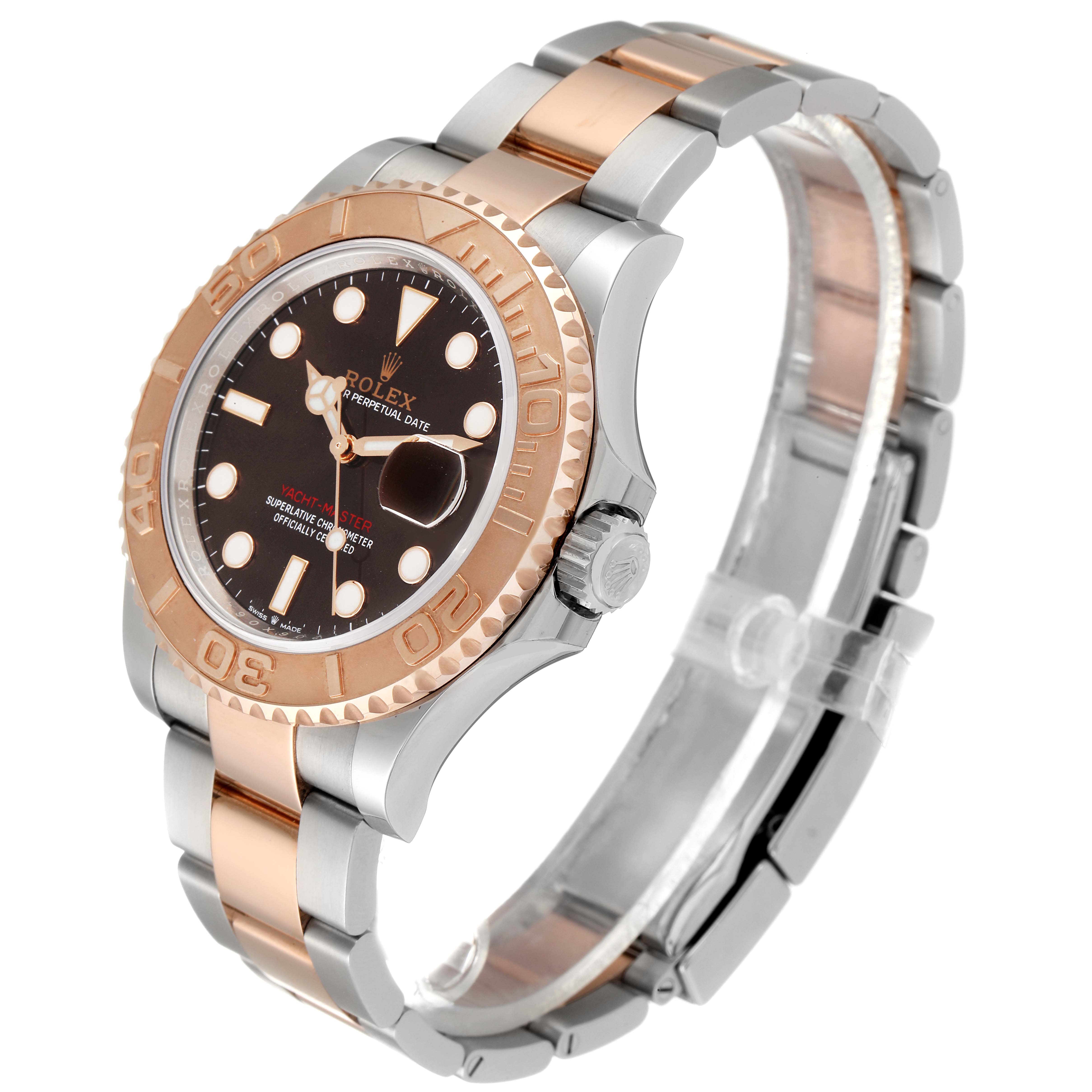 The image shows a side-angle view of a Rolex Yacht-Master 126621 Men's Steel and Gold (two tone) Brown Dial 126621 Men's Steel and Gold (two tone) Brown Dial watch, highlighting its bezel, dial, and bi-metal bracelet.
