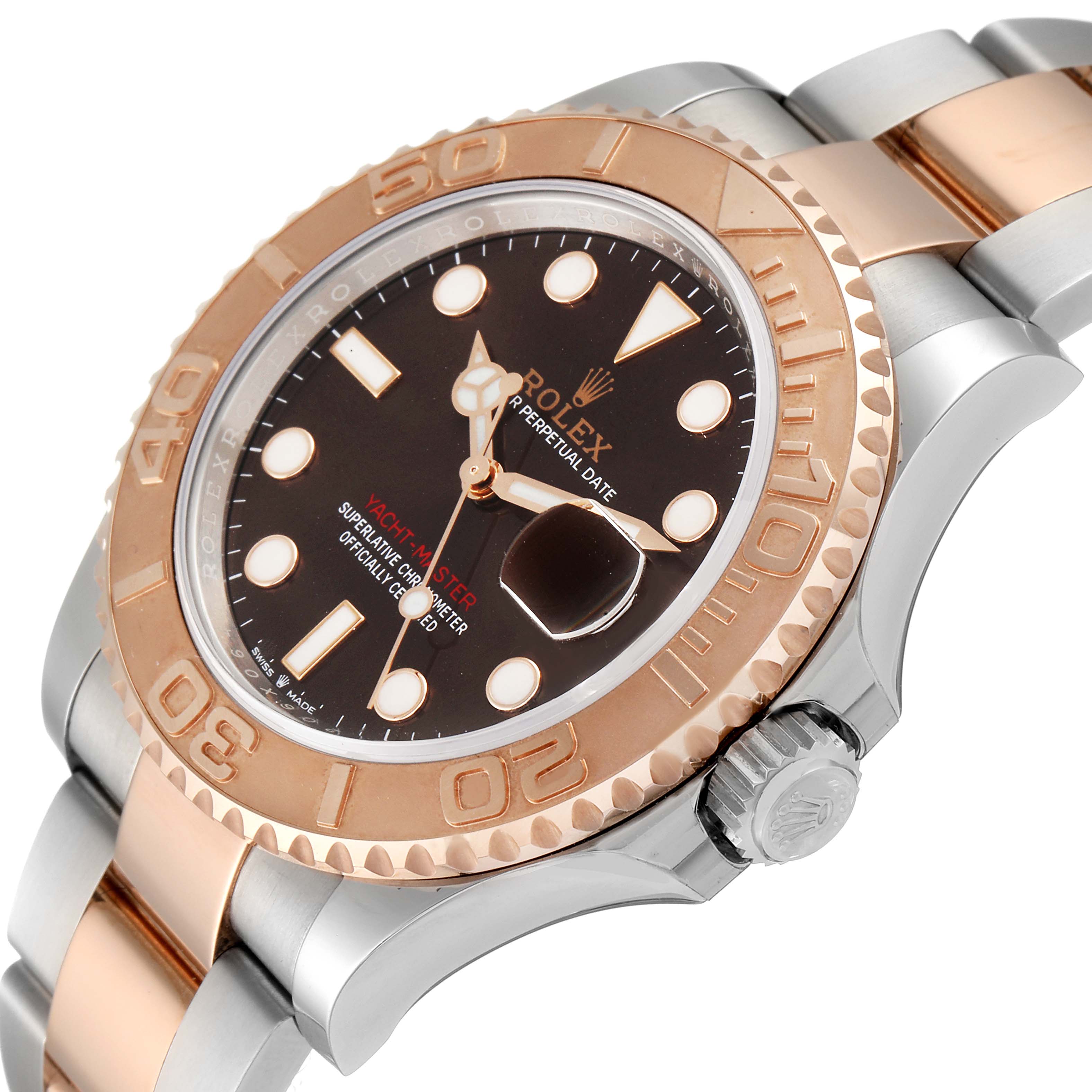 The image shows a Rolex Yacht-Master 126621 Men's Steel and Gold (two tone) Brown Dial 126621 Men's Steel and Gold (two tone) Brown Dial watch from a front-side angle, highlighting the bezel, dial, and bracelet.