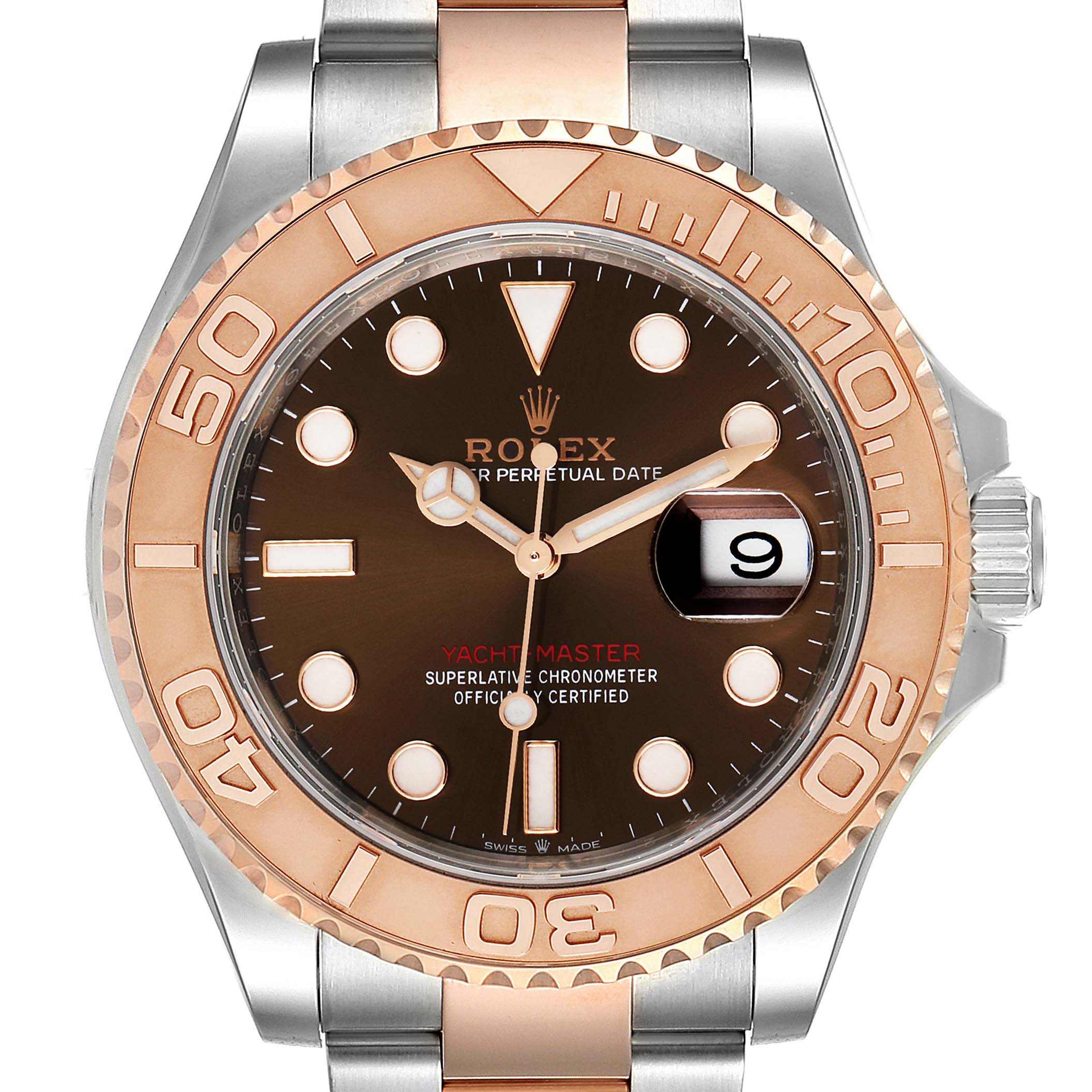 This is a front view of a Rolex Yacht-Master 126621 Men's Steel and Gold (two tone) Brown Dial 126621 Men's Steel and Gold (two tone) Brown Dial watch, showing the dial, bezel, hands, and bracelet.