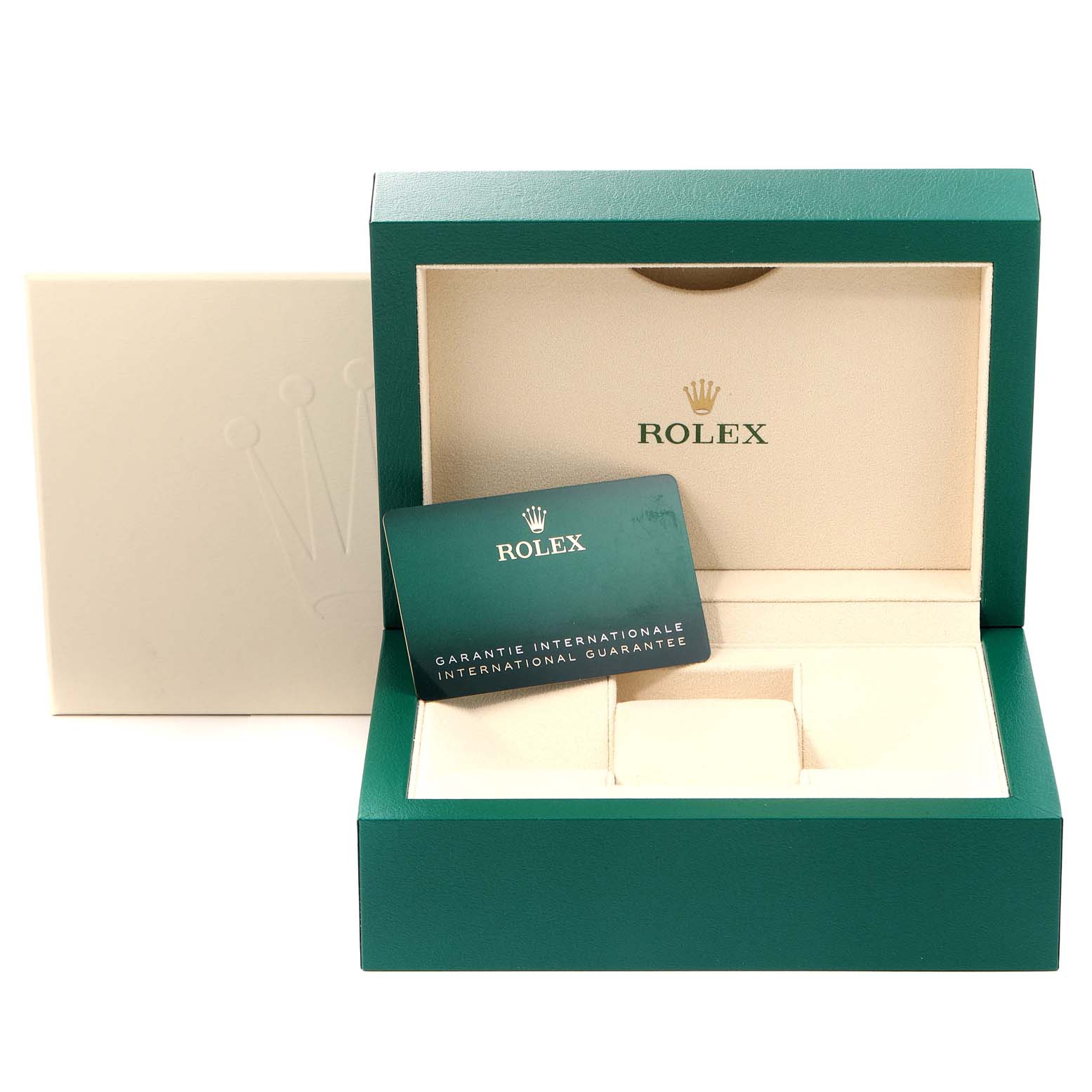 The image shows an open Rolex Yacht-Master 126621 Men's Steel and Gold (two tone) Brown Dial 126621 Men's Steel and Gold (two tone) Brown Dial watch box with a guarantee card inside.