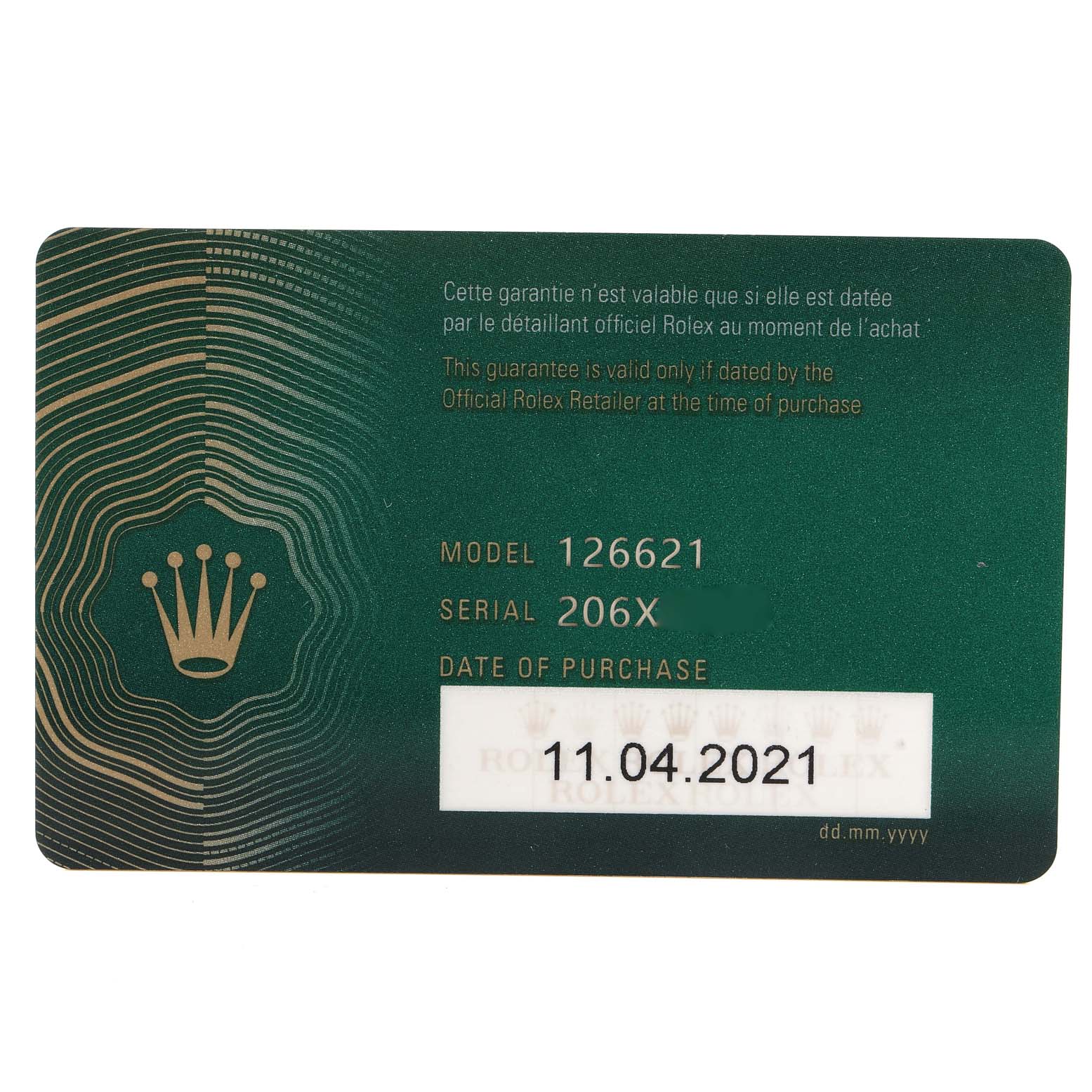 This image shows a Rolex guarantee card for the Yacht-Master model 126621 with a purchase date of 11.04.2021.