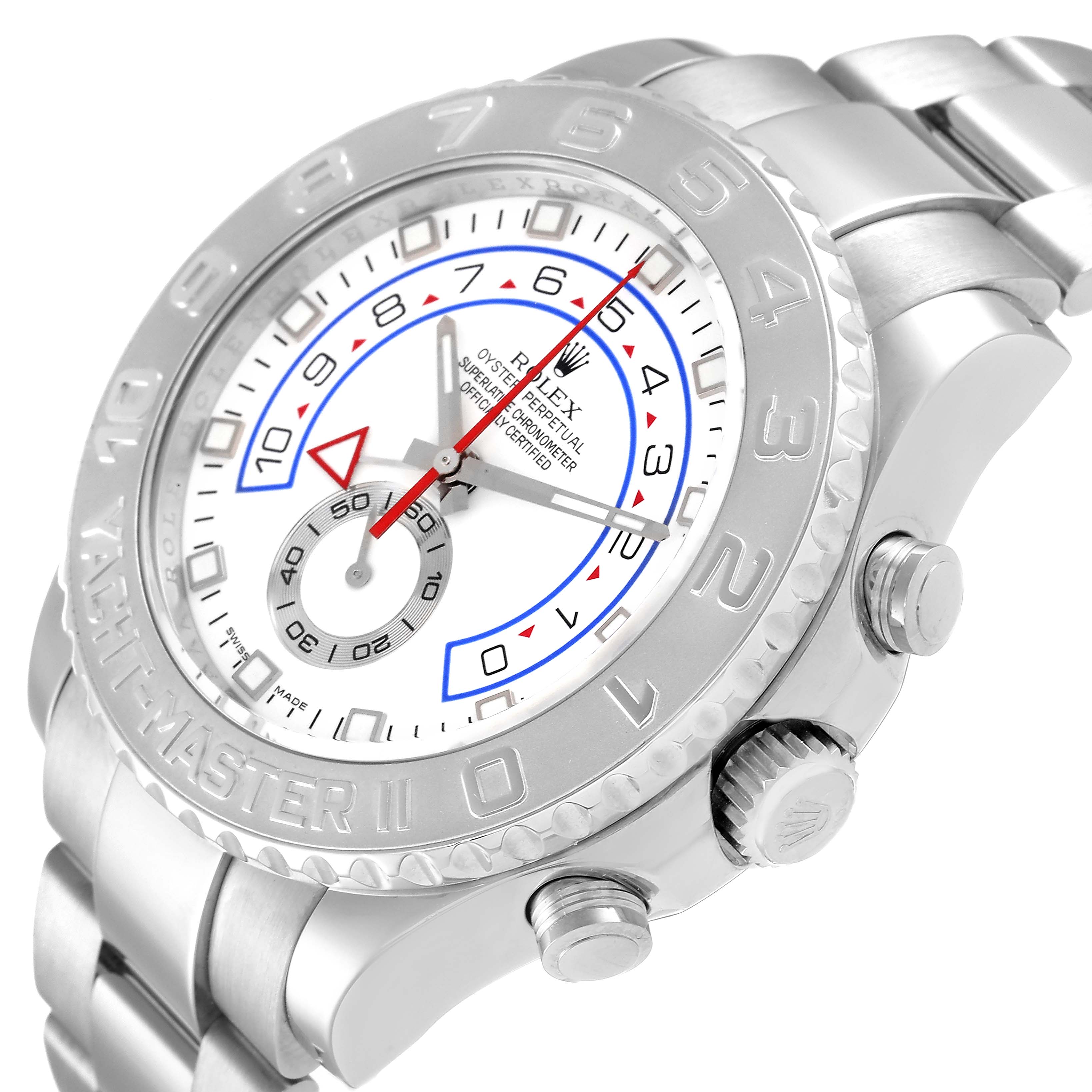 The image shows a close-up, angled view of the Rolex Yacht-Master 116689 Men's White Gold White Dial 116689 Men's White Gold White Dial watch face, bezel, and part of the bracelet and crown.