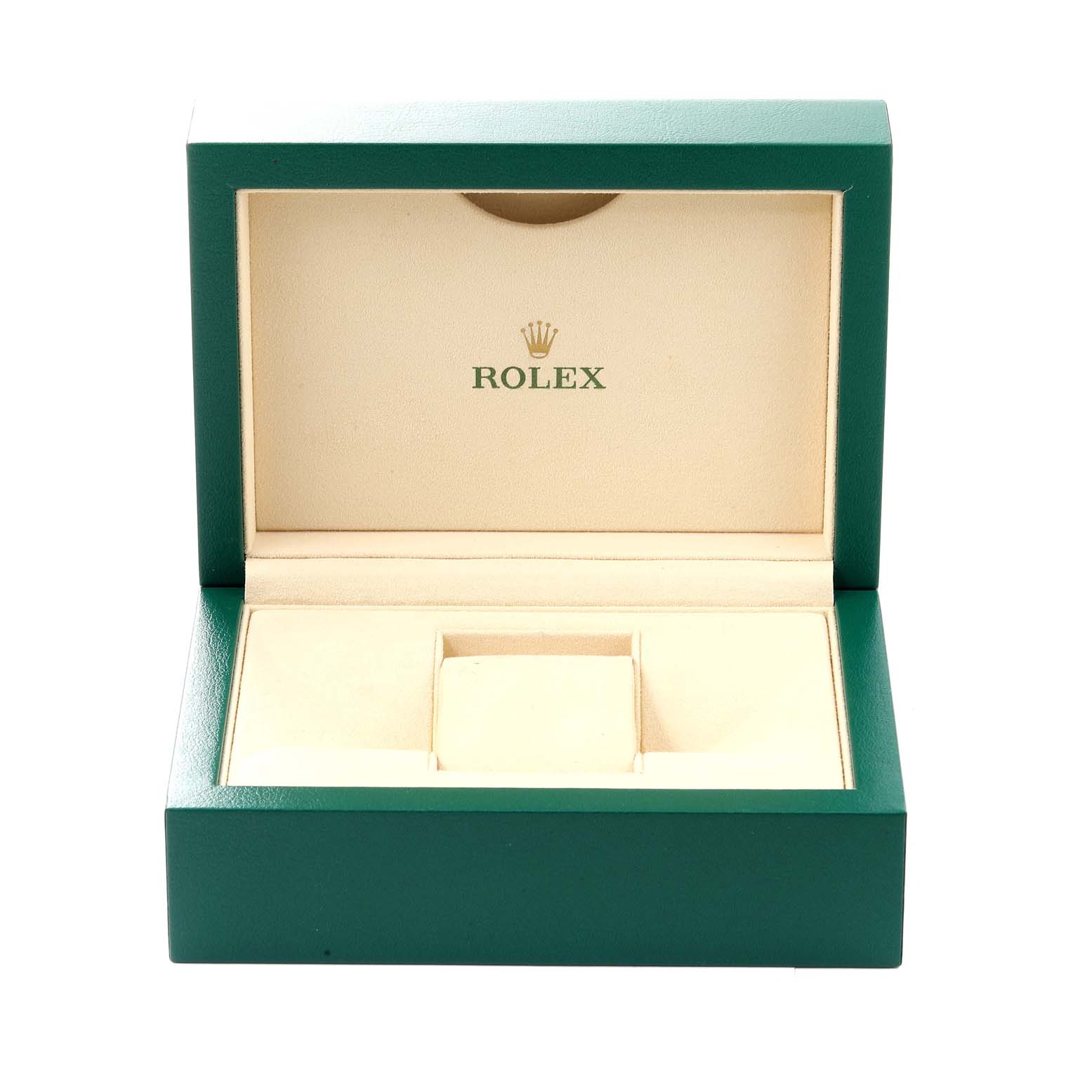 This is an open green and beige Rolex watch case, showing both the interior and the Rolex logo.