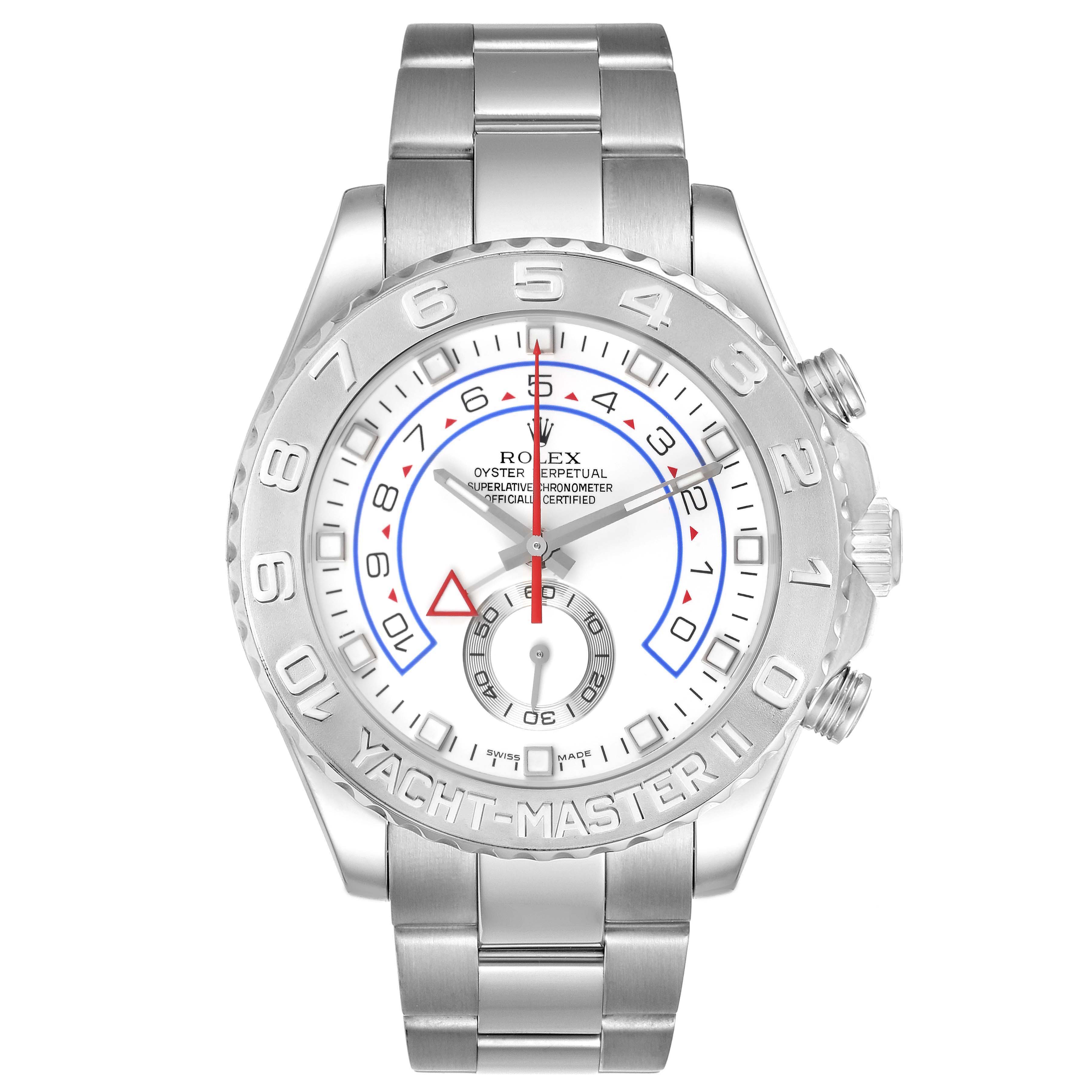 This image shows a front view of the Rolex Yacht-Master 116689 Men's White Gold White Dial 116689 Men's White Gold White Dial watch, including the face, bezel, and bracelet.