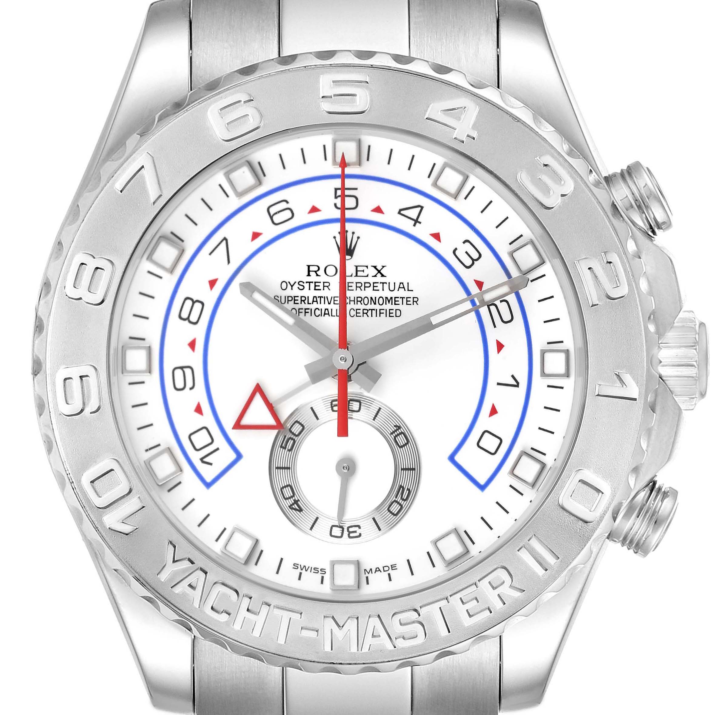 The image shows a frontal view of a Rolex Yacht-Master 116689 Men's White Gold White Dial 116689 Men's White Gold White Dial watch, highlighting the bezel, dial, and crown.
