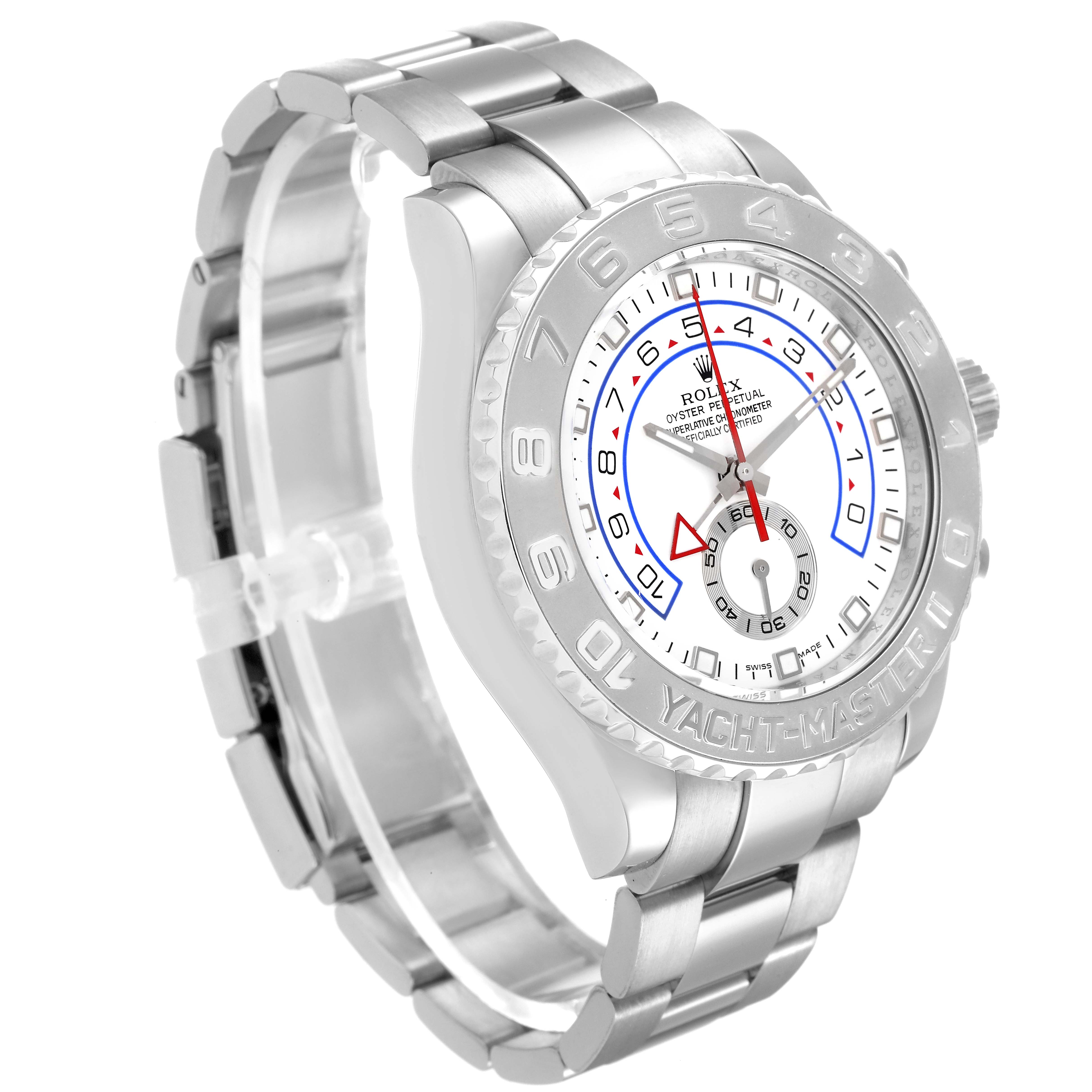 This image shows a Rolex Yacht-Master 116689 Men's White Gold White Dial 116689 Men's White Gold White Dial watch, angled slightly from the front, highlighting the dial, bezel, and part of the bracelet.