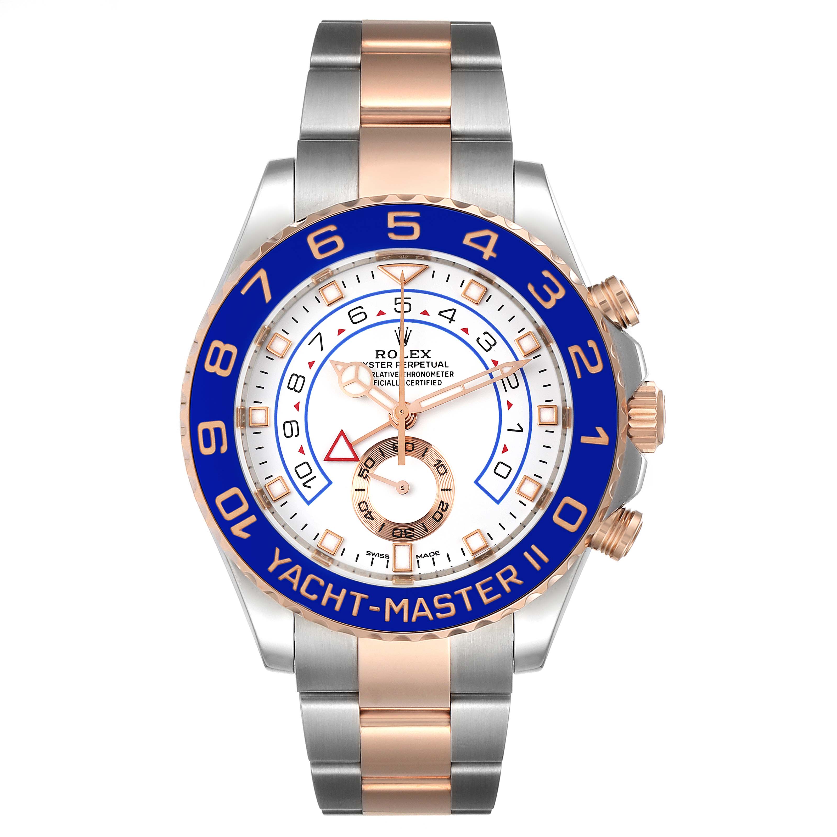 This Rolex Yacht-Master 116681 Men
s Steel and Gold (two tone) White Dial 116681 Men
s Steel and Gold (two tone) White Dial watch image shows a front view, highlighting the bezel, dial, bracelet, and crown.