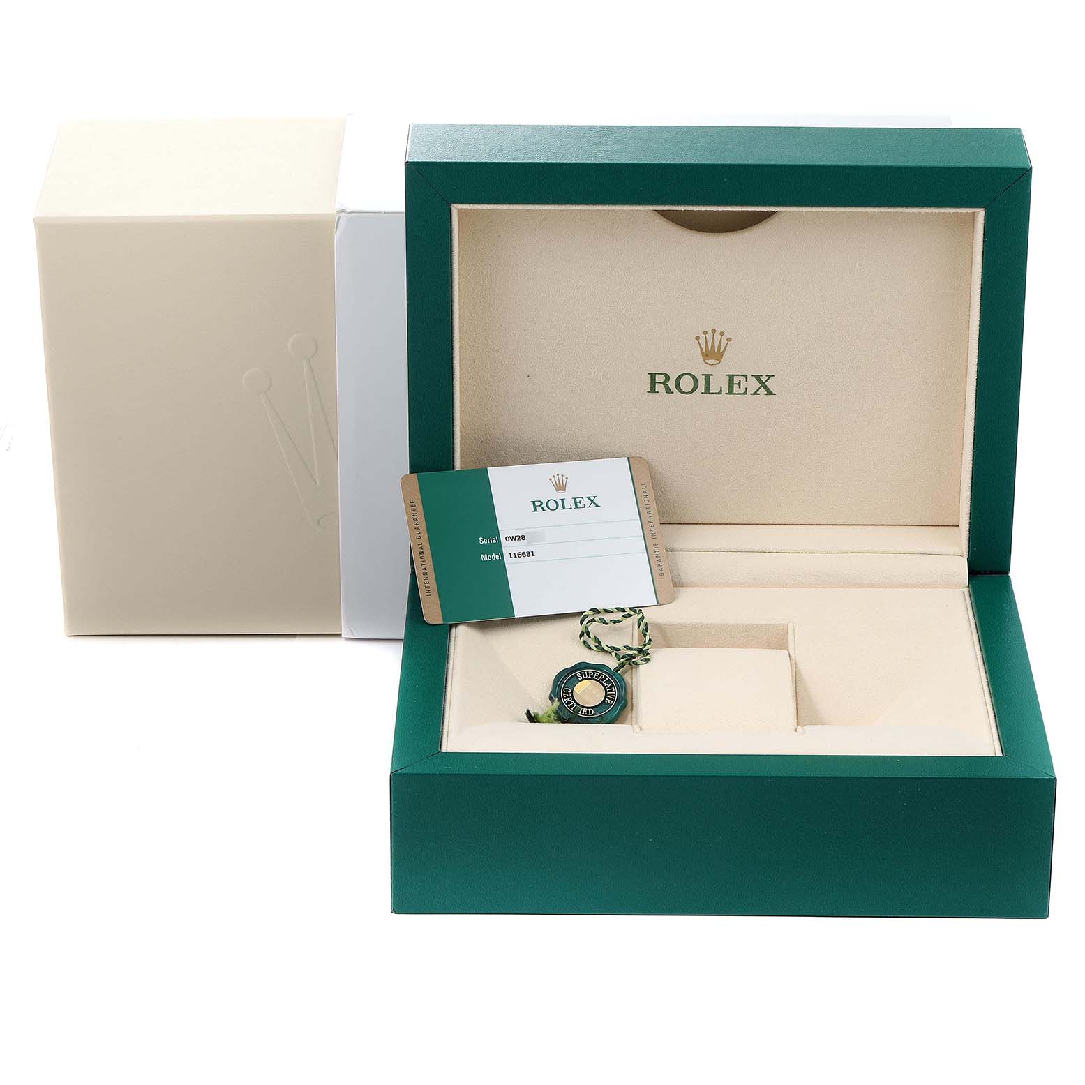 The image shows the open box, warranty card, and accessories for a Rolex Yacht-Master 116681 Men
s Steel and Gold (two tone) White Dial 116681 Men
s Steel and Gold (two tone) White Dial watch.