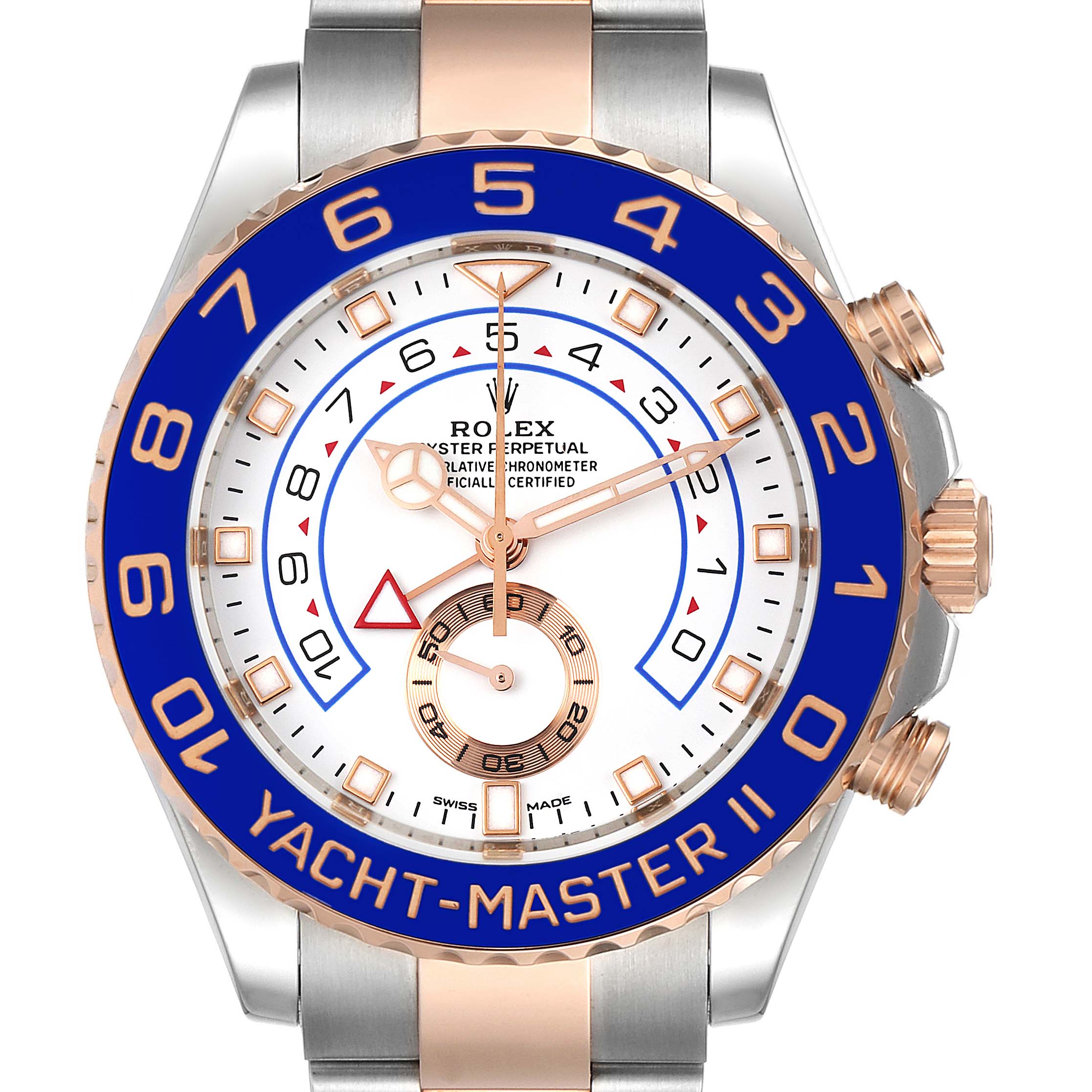 The Rolex Yacht-Master 116681 Men
s Steel and Gold (two tone) White Dial 116681 Men
s Steel and Gold (two tone) White Dial watch is shown from a front angle, displaying the dial, bezel, and parts of the bracelet.