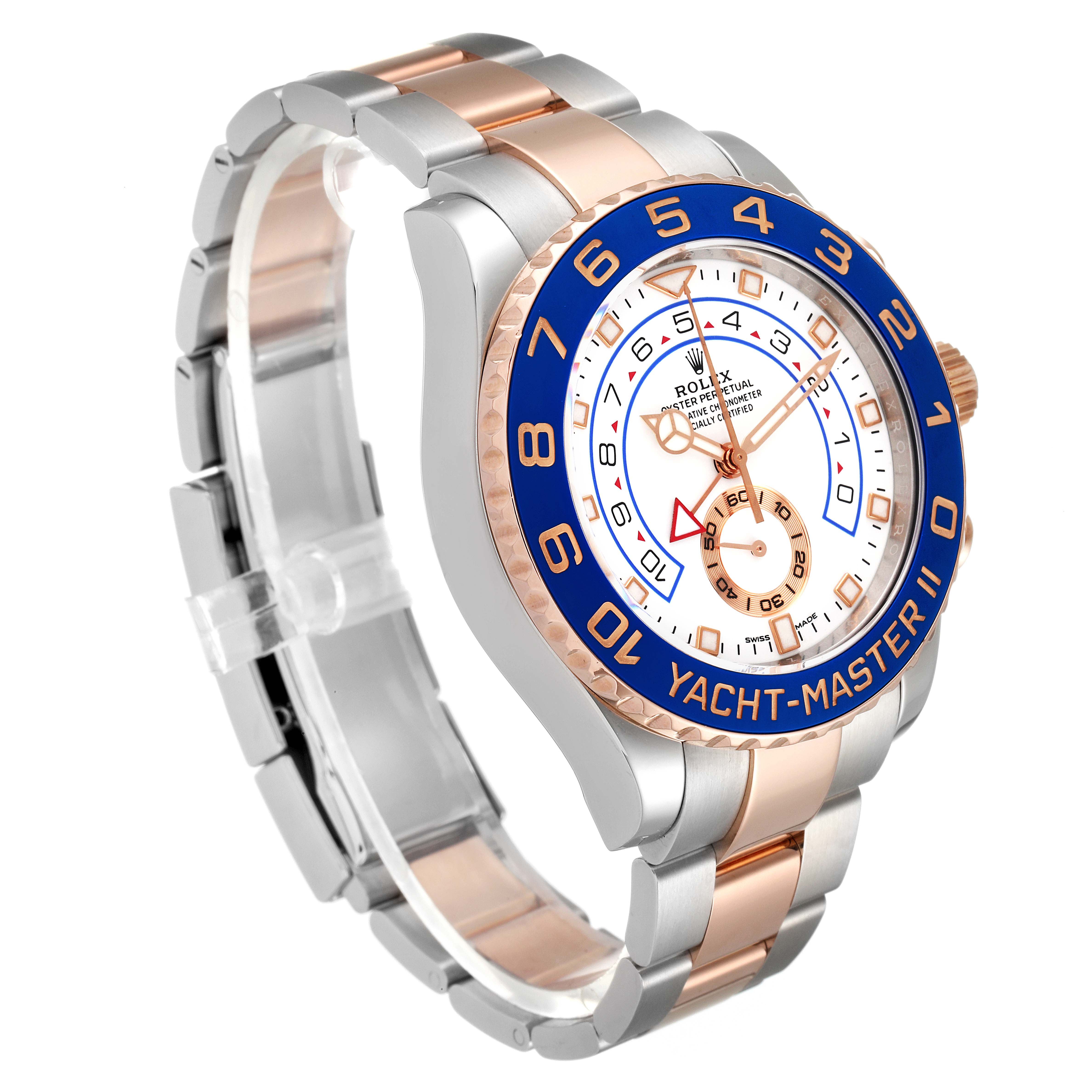 This image shows a side angle of the Rolex Yacht-Master 116681 Men
s Steel and Gold (two tone) White Dial 116681 Men
s Steel and Gold (two tone) White Dial II watch, highlighting the bezel, dial, and bracelet.
