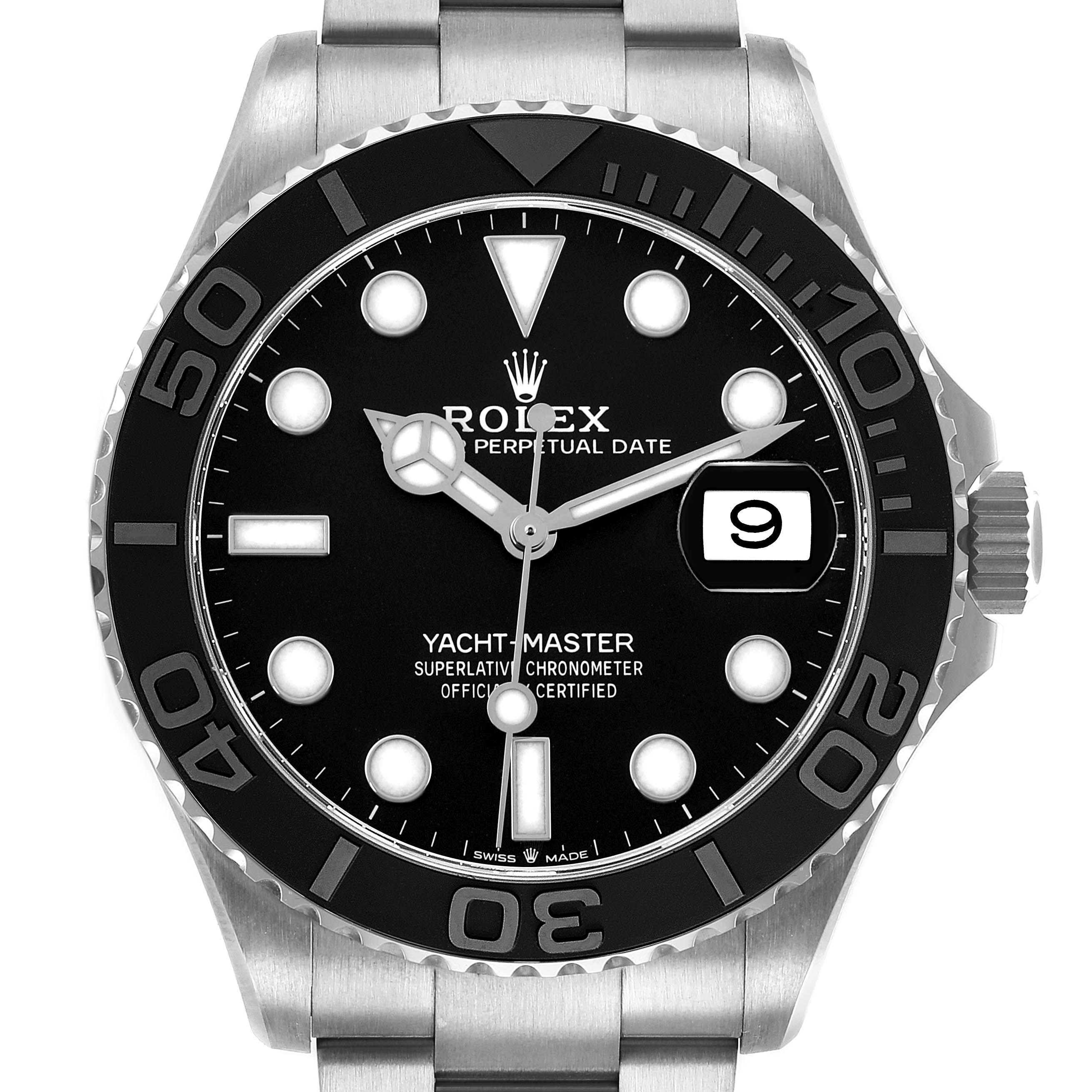 The Rolex Yacht-Master 226627 Men's Titanium Black Dial watch is shown from the front, displaying the dial, bezel, and part of the metal bracelet.
