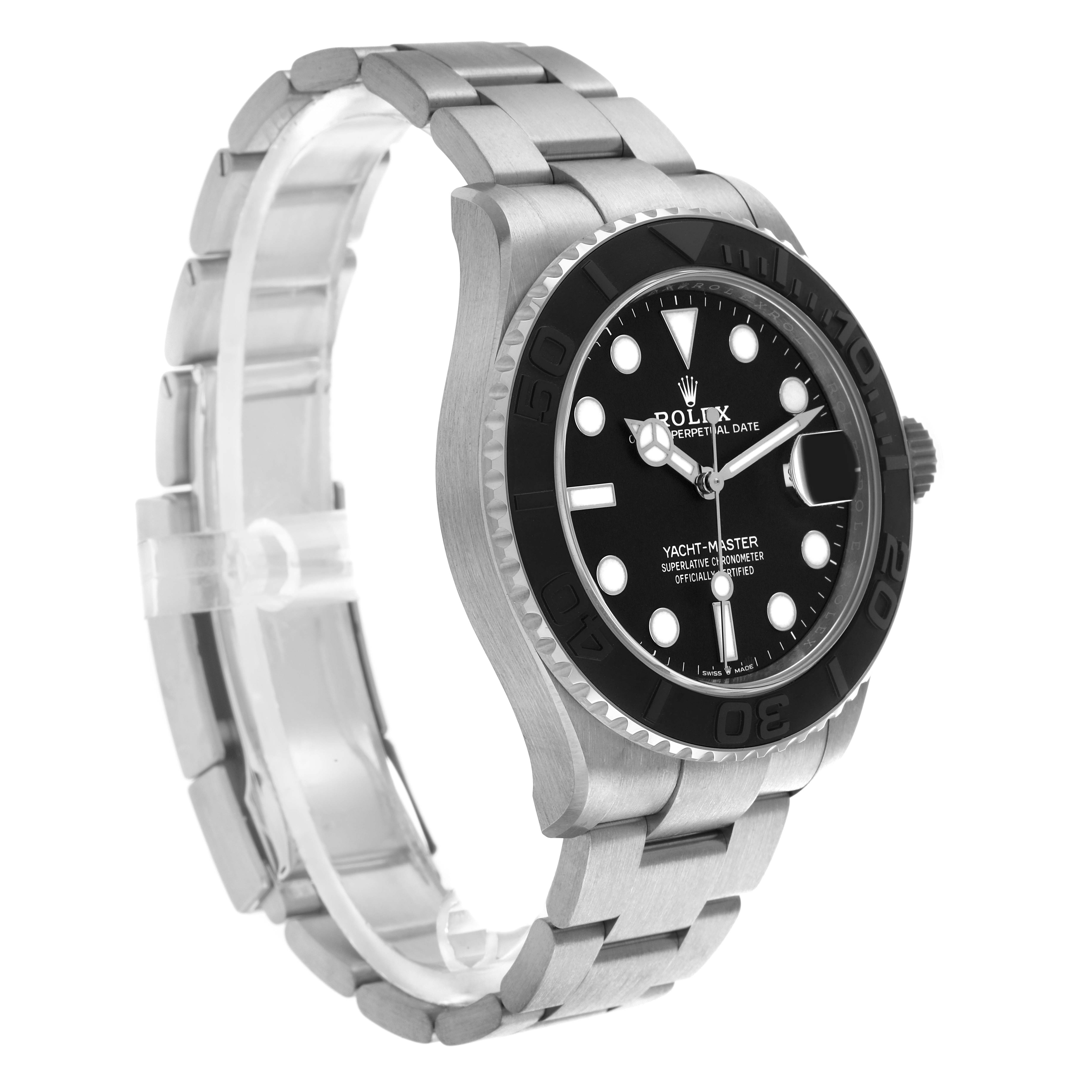 The Rolex Yacht-Master 226627 Men's Titanium Black Dial watch is shown from a front left angle, displaying the face, bezel, and bracelet.