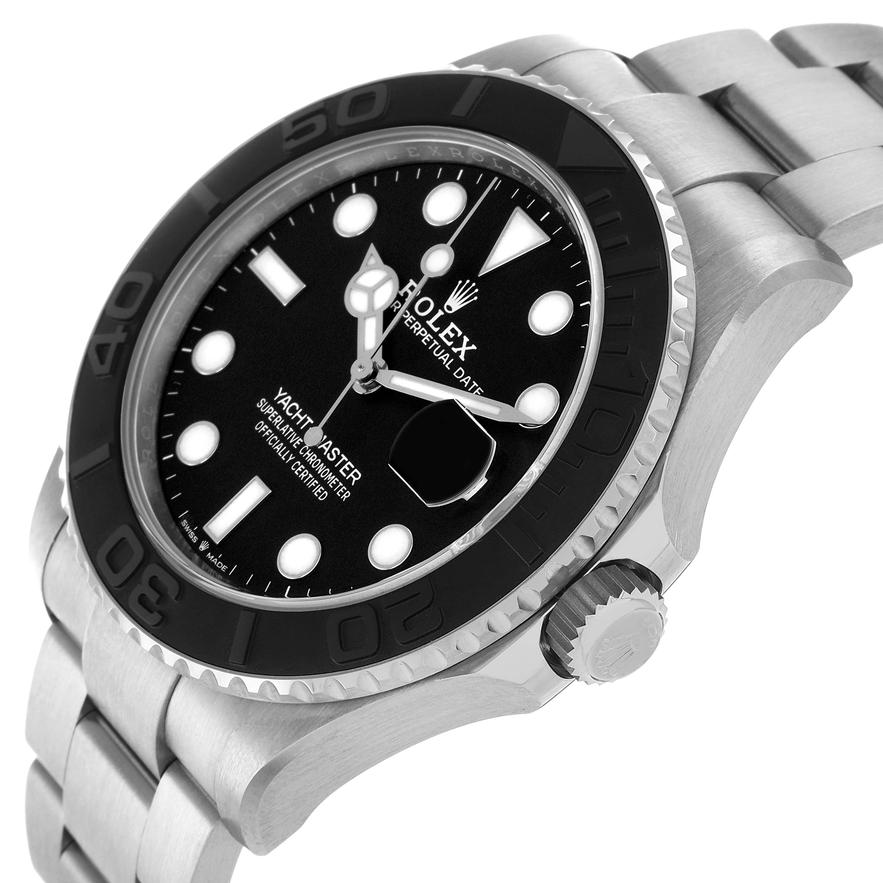 The image shows a Rolex Yacht-Master 226627 Men's Titanium Black Dial watch at an angle highlighting the face, bezel, crown, and part of the bracelet.