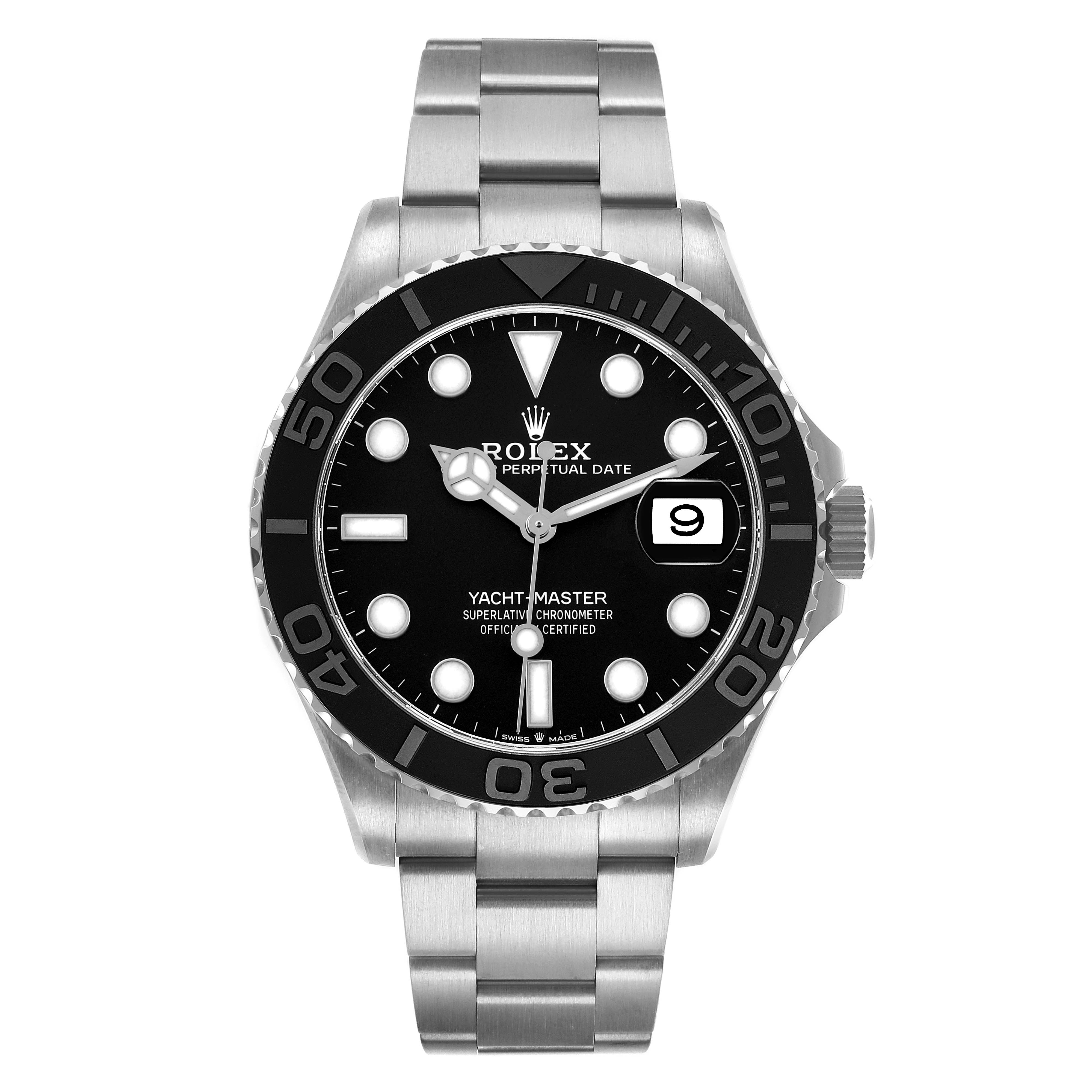 The Rolex Yacht-Master 226627 Men's Titanium Black Dial watch is shown from the front, displaying the dial, bezel, and bracelet.