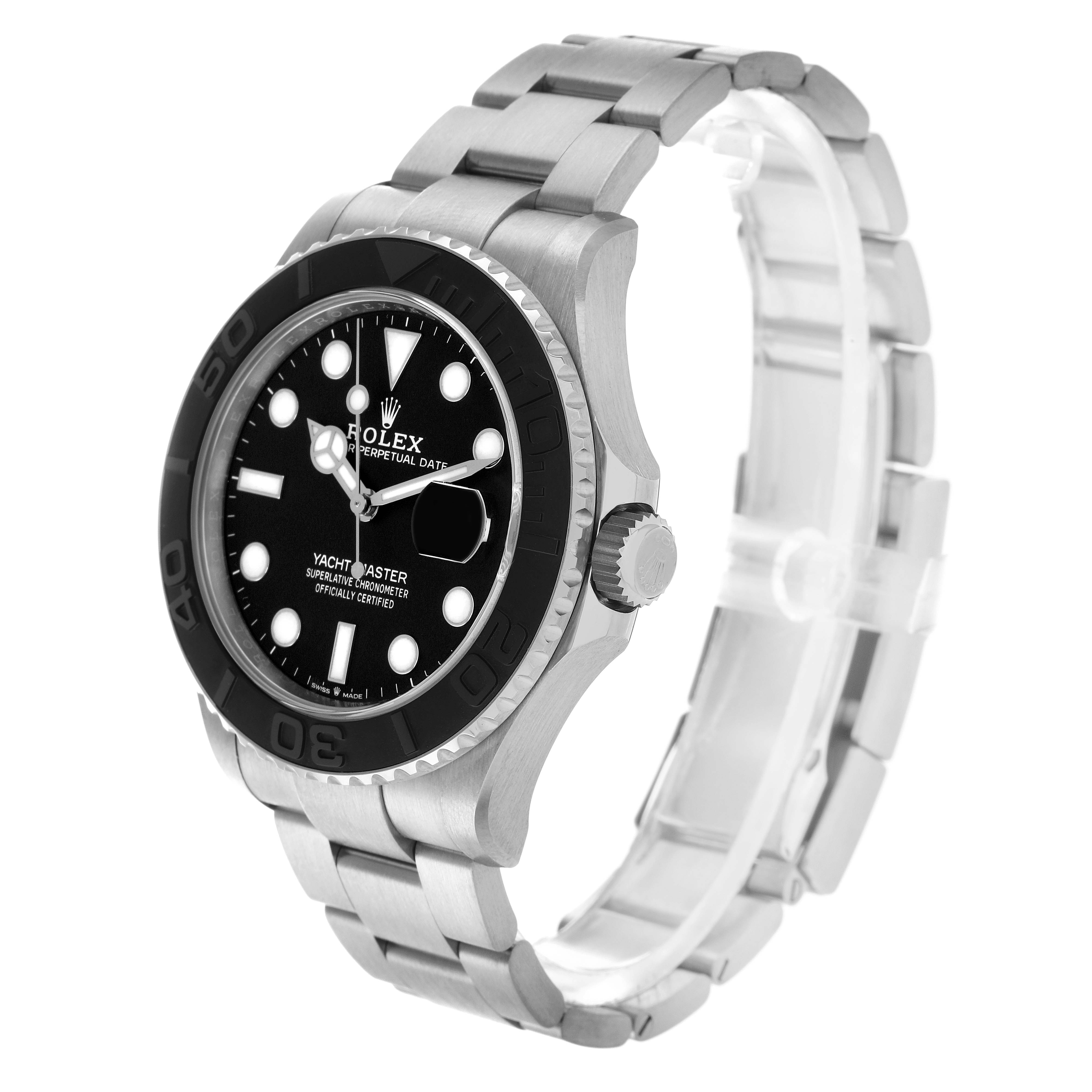 The Rolex Yacht-Master 226627 Men's Titanium Black Dial watch is shown at a three-quarter angle, highlighting the bezel, dial, case, and bracelet.