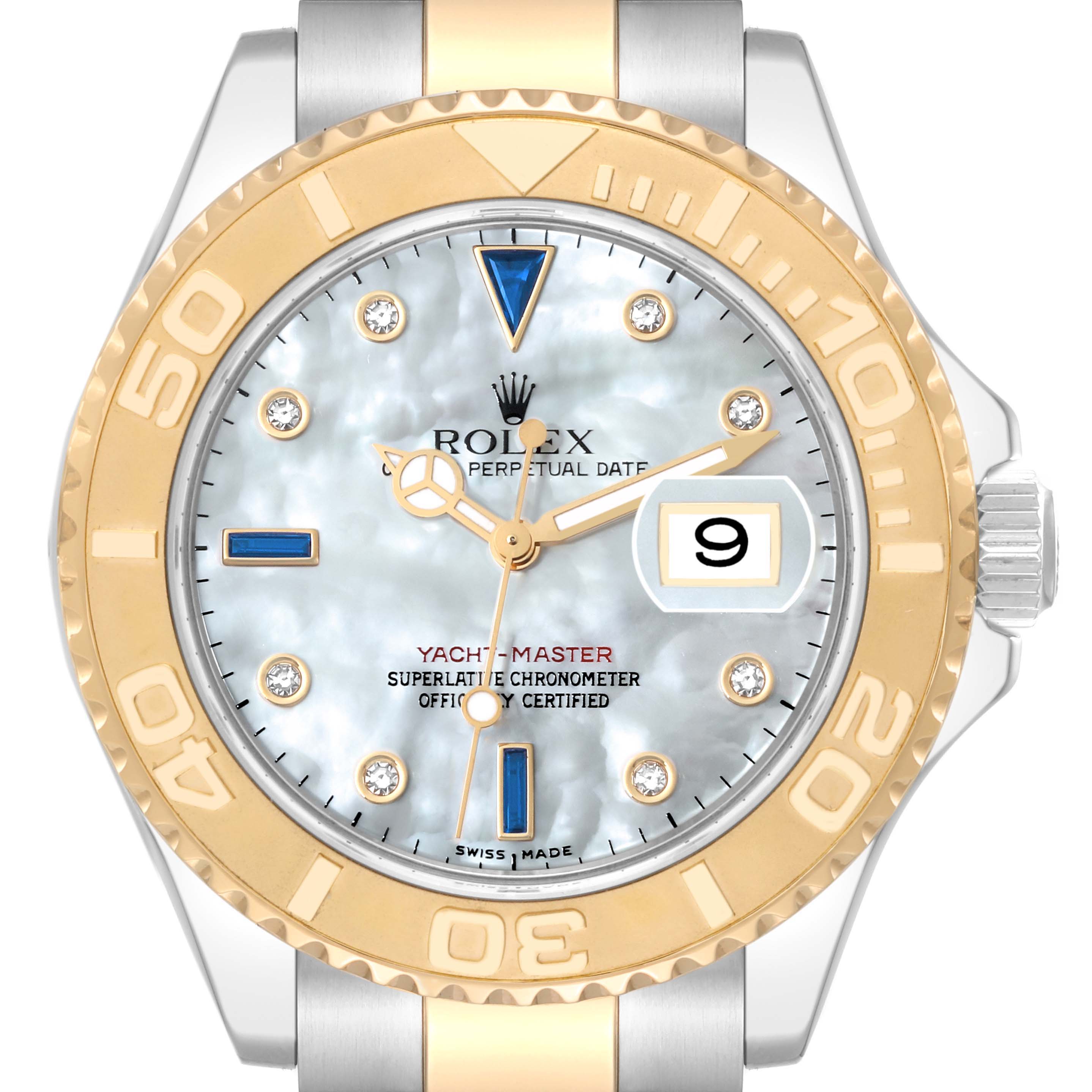This image shows a front view of the Rolex Yacht-Master 16623 Men's Steel and Gold (two tone) Mother of Pearl Dial 16623 Men's Steel and Gold (two tone) Mother of Pearl Dial watch, highlighting the dial, bezel, and part of the bracelet.