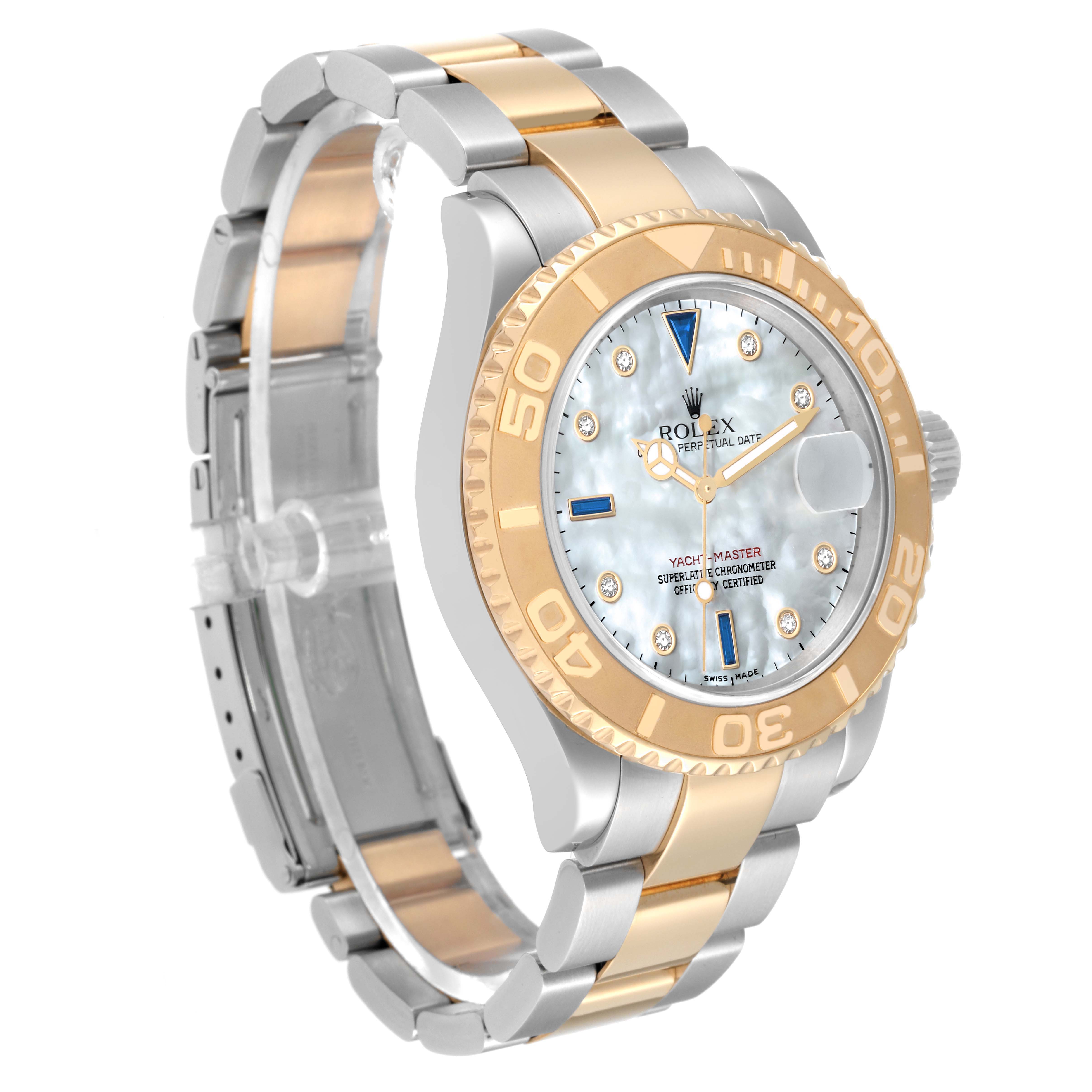 The image shows a Rolex Yacht-Master 16623 Men's Steel and Gold (two tone) Mother of Pearl Dial 16623 Men's Steel and Gold (two tone) Mother of Pearl Dial watch at a three-quarter angle, highlighting its two-tone band and bezel.